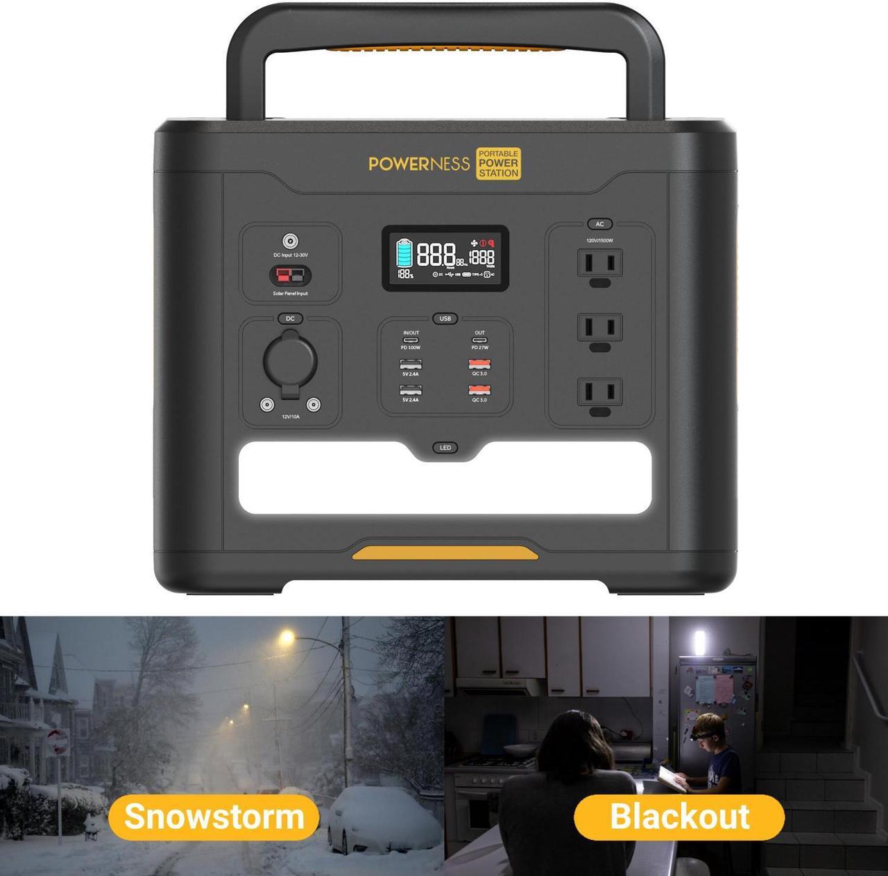 Main image of Powerness Hiker U1500 1500W Portable Power Station, 1536Wh Capacity with 3x1500W AC Outlets Peak Power 3000W, Solar Generator for Home Backup, Emergency, Outdoor Camping Fishing, Road Trip