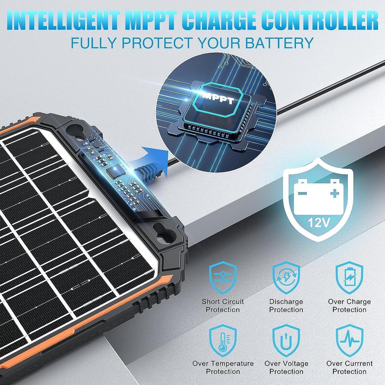 Alt view image 2 of 7 - 15W 12V Solar Battery Charger & Maintainer, Solar Powered Trickle Charger with Built-in Intelligent MPPT Charge Controller, Portable 12 Volt Solar Panel Charging Kit for Car Automotive Boat RV Marine