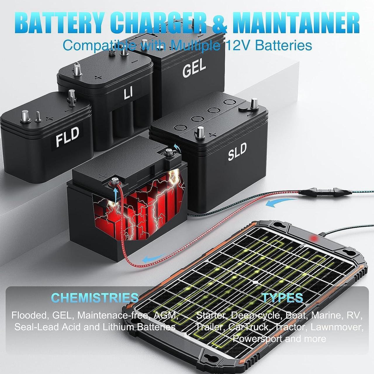 Alt view image 4 of 7 - 15W 12V Solar Battery Charger & Maintainer, Solar Powered Trickle Charger with Built-in Intelligent MPPT Charge Controller, Portable 12 Volt Solar Panel Charging Kit for Car Automotive Boat RV Marine