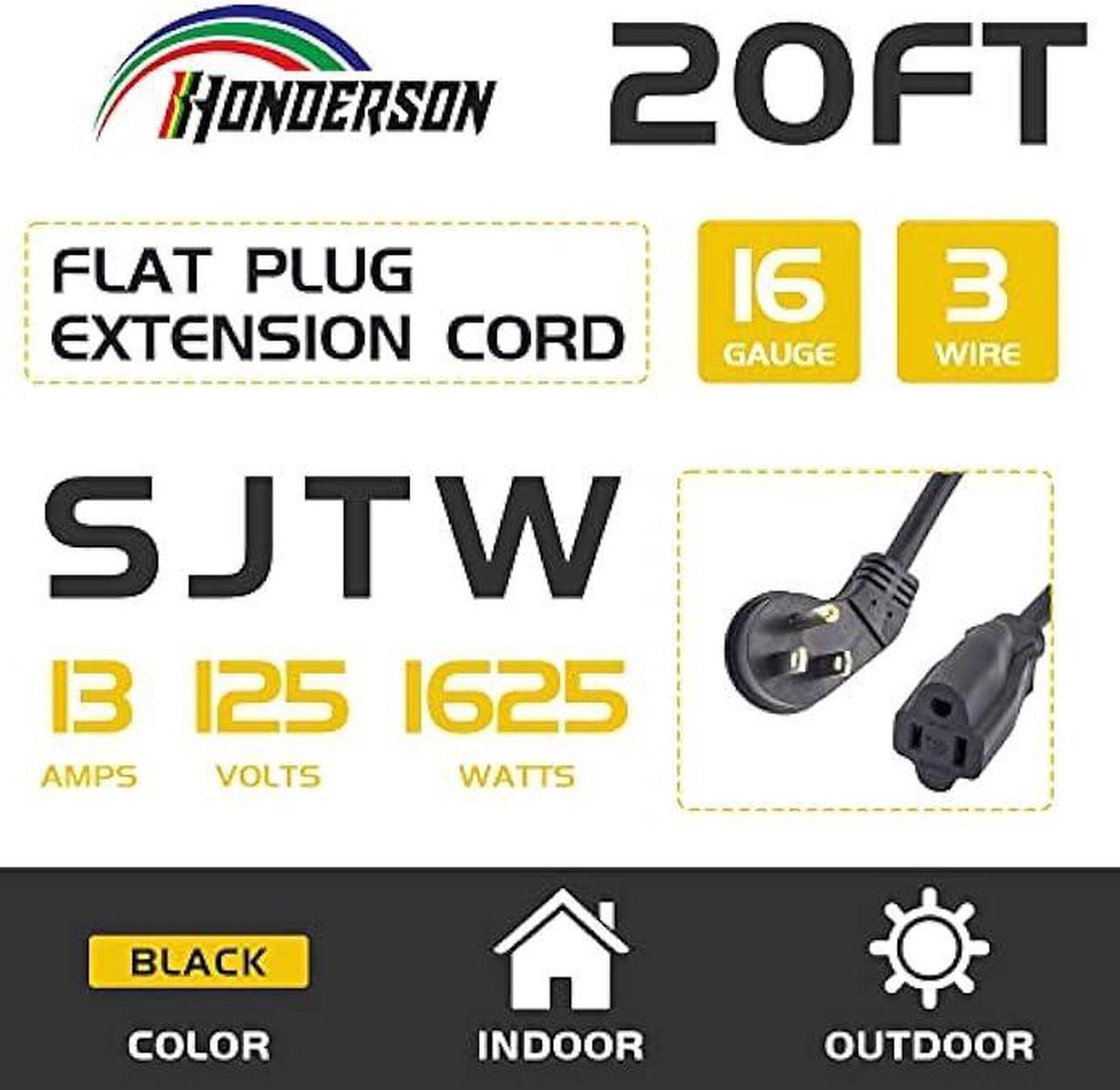 Alt view image 2 of 7 - Honderson 20FT Extension Cord - Flat Plug 3 Prong Indoor Extension Cable,Black 16 Gauge Heavy Duty Cable for Kitchen Home Appliance,UL Listed
