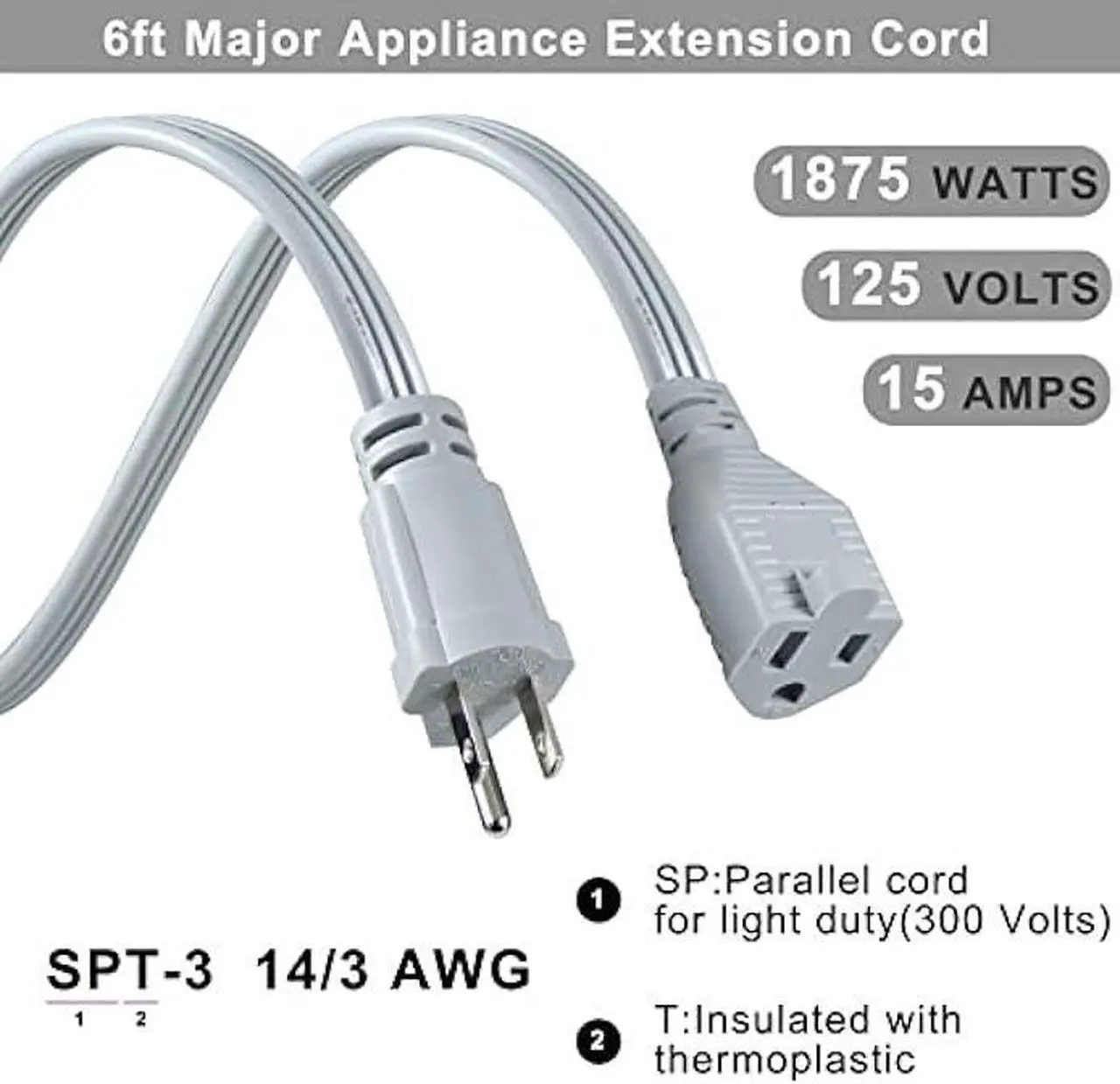 Alt view image 2 of 7 - KUNCAN Appliance Power Extension Cord - Heavy Duty 14/3 AWG Parallel 3 Prong Low Profile Flat Cable US Plug Male to Female Extender Grounded Wire for AC Unit, Air Conditioner, Refrigerator (6 ft)
