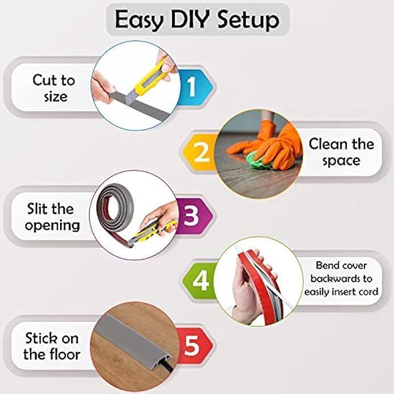 Alt view image 7 of 7 - Rubber Bond Cord Cover Floor Cable Protector - Strong Self Adhesive Floor Cord Covers for Wires - Low Profile Extension Cord Covers for Floor & Wall - Grey - Thin Cord - 4 Feet