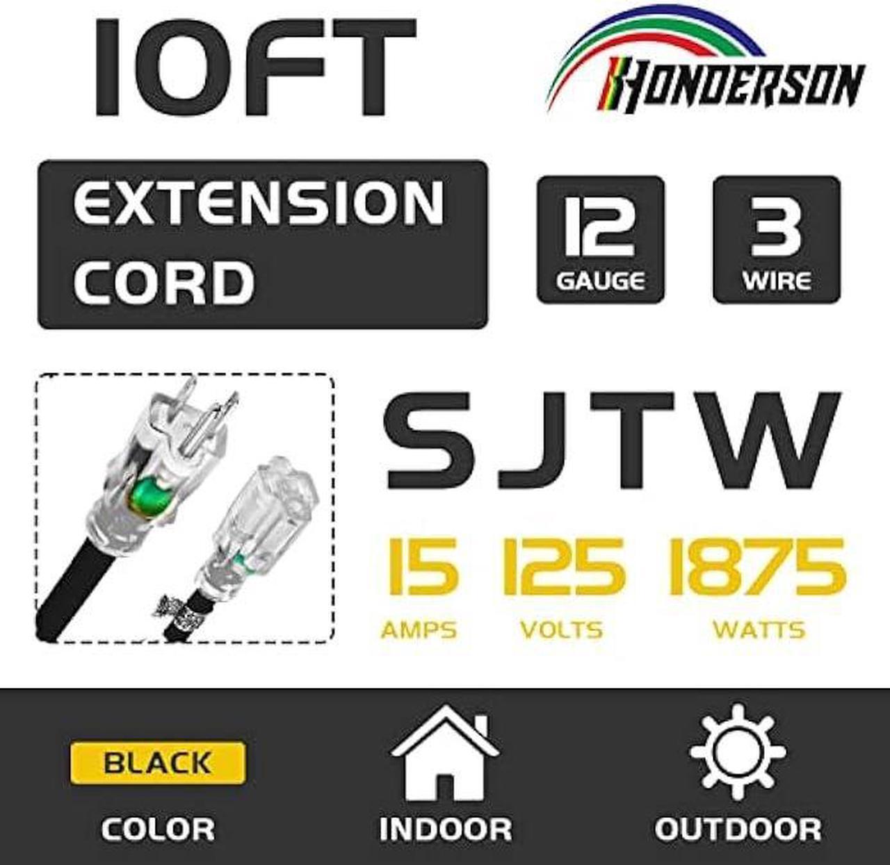 Alt view image 2 of 7 - HONDERSON 10FT 12/3 Lighted Outdoor Extension Cord - 12 Gauge 3 Prong SJTW Heavy Duty Black Extension Cable with 3 Prong Grounded Plug for Safety,UL Listed