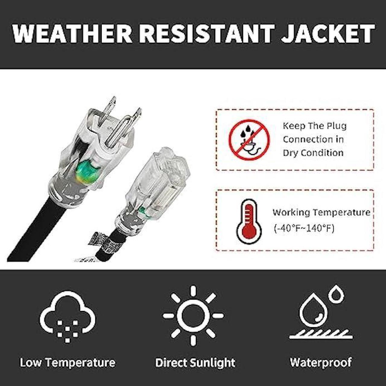 Alt view image 7 of 7 - HONDERSON 10FT 12/3 Lighted Outdoor Extension Cord - 12 Gauge 3 Prong SJTW Heavy Duty Black Extension Cable with 3 Prong Grounded Plug for Safety,UL Listed