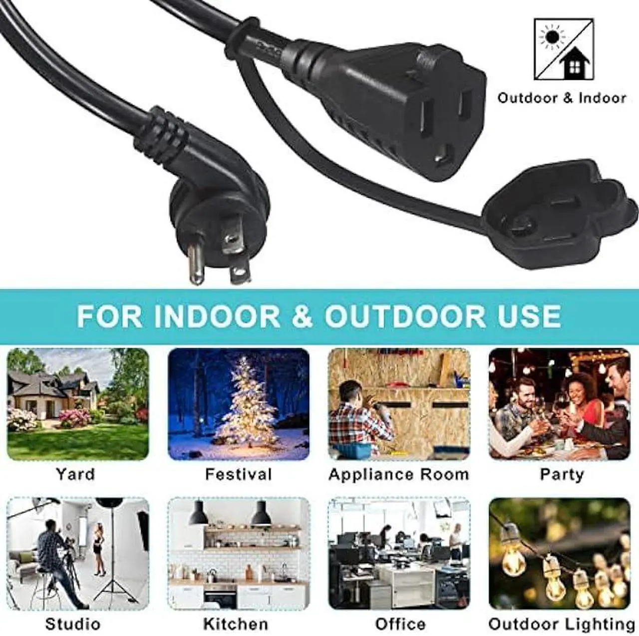 Alt view image 7 of 7 - Outdoor Weatherproof Power Extension Cord 10FT - Black Low Profile Flat Plug Extension Cord, SJTW 16 Gauge Heavy Duty Weather Resistant Outside Garden Grounded Extension Lead