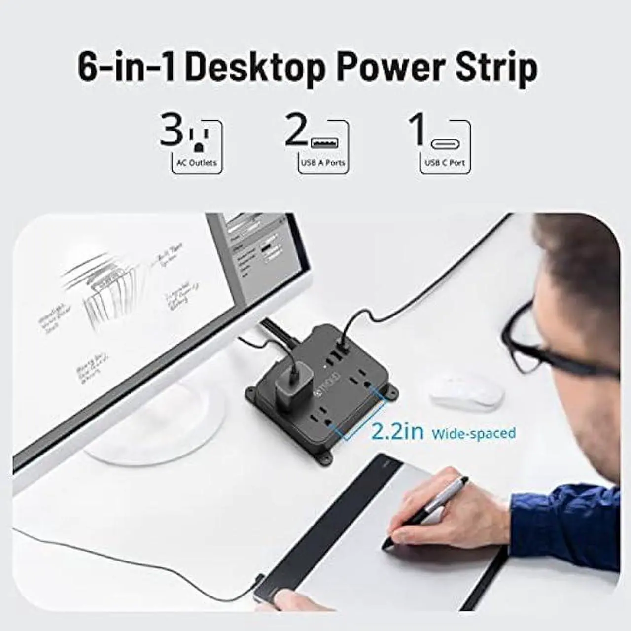 Alt view image 3 of 7 - Flat Plug Power Strip - TROND 10FT Long Extension Cord with 3 AC Outlets, 2 USB-A Ports, 1 USB-C Port, Long Cord Desk Charging Station, Wall Mount for Home, Office Accessories, Dorm Room Essentials