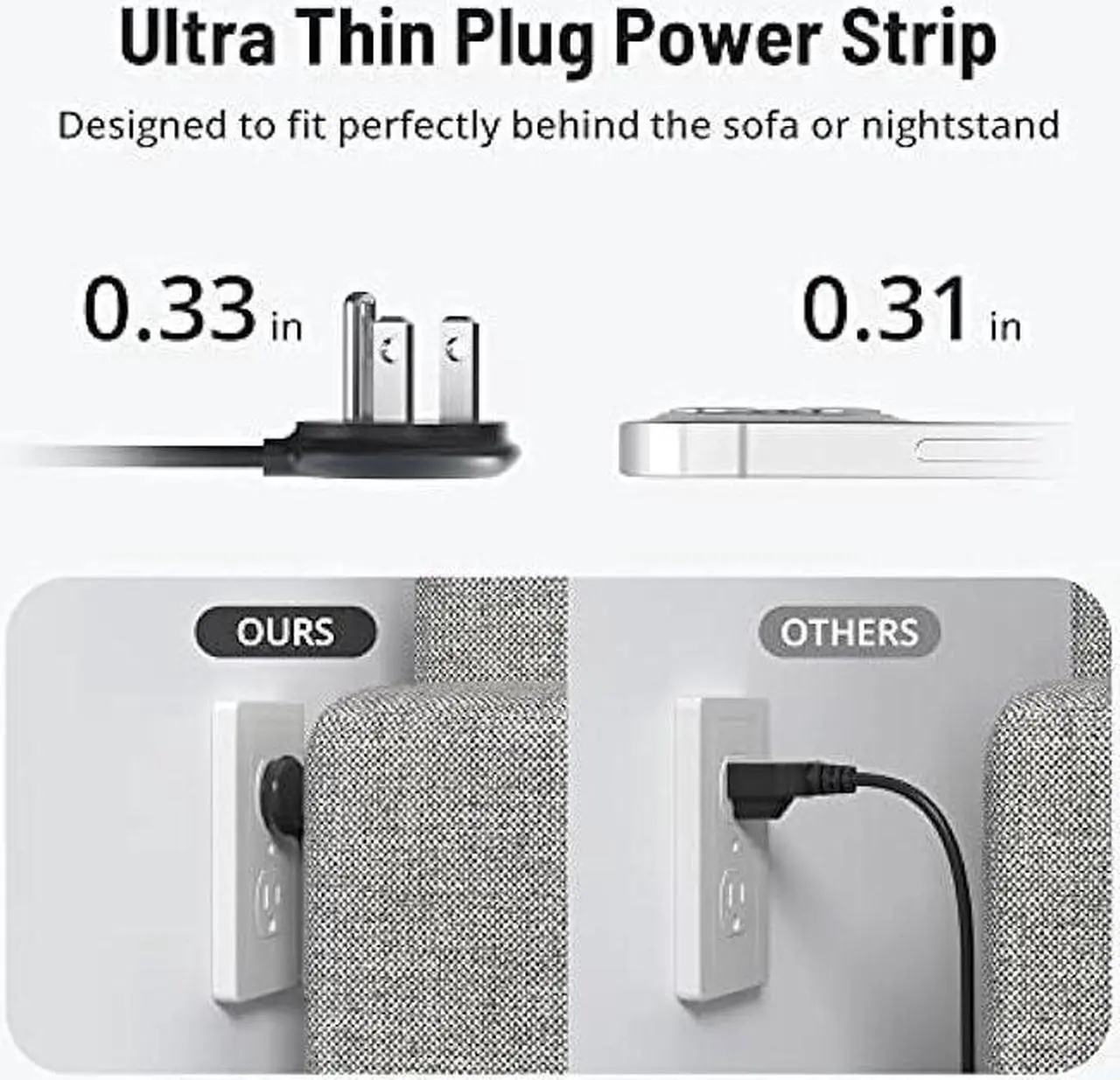 Alt view image 4 of 7 - Flat Plug Power Strip - TROND 10FT Long Extension Cord with 3 AC Outlets, 2 USB-A Ports, 1 USB-C Port, Long Cord Desk Charging Station, Wall Mount for Home, Office Accessories, Dorm Room Essentials