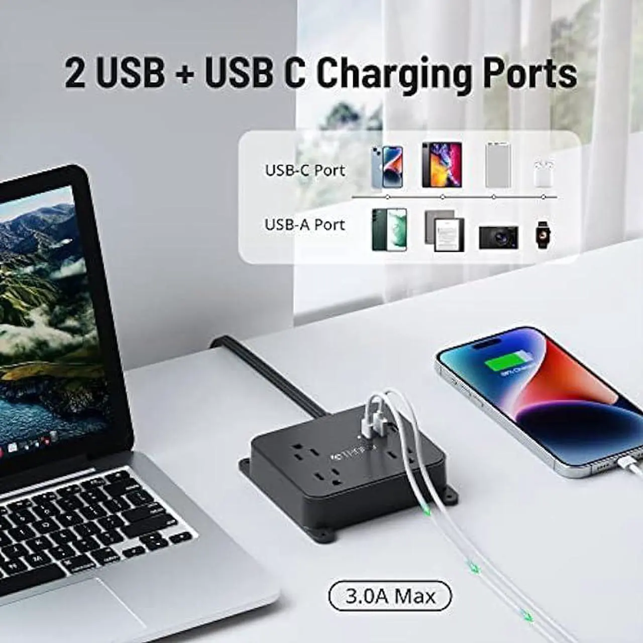 Alt view image 5 of 7 - Flat Plug Power Strip - TROND 10FT Long Extension Cord with 3 AC Outlets, 2 USB-A Ports, 1 USB-C Port, Long Cord Desk Charging Station, Wall Mount for Home, Office Accessories, Dorm Room Essentials
