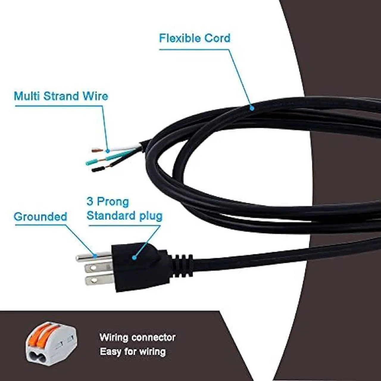 Alt view image 4 of 6 - 14 AWG 12 Feet AC Power Cord Pigtail 3-Wire Stripped End Heavy Duty 14 Gauge 3 Prong Open End SJT Power Supply AC Plug NEMA 5-15P, Replacement AC Wall Cable 15A, 1875W at 125VAC