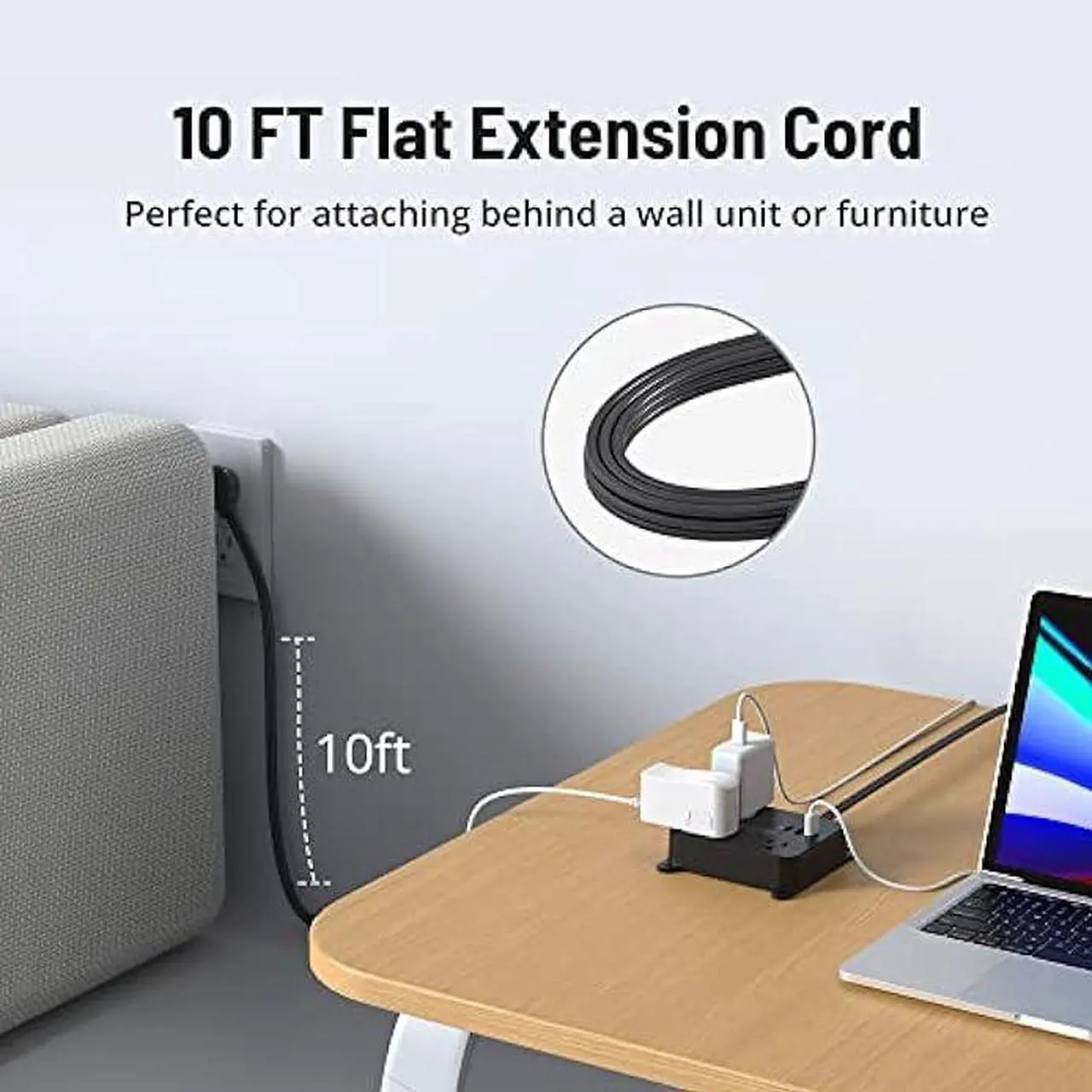 Alt view image 2 of 7 - Flat Plug Power Strip - TROND 10FT Long Extension Cord with 3 AC Outlets, 2 USB-A Ports, 1 USB-C Port, Long Cord Desk Charging Station, Wall Mount for Home, Office Accessories, Dorm Room Essentials