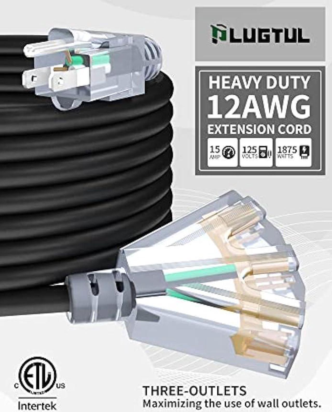 Alt view image 2 of 6 - 15Ft 12/3 Outdoor Extension Cord with 3-Outlets, Heavy Duty 12 Gauge 3 Prong Extension Cord Waterproof with Lighted end, 15A 12AWG 1875W SJTW, ETL Listed - Great for Garage, Garden and Home, Black