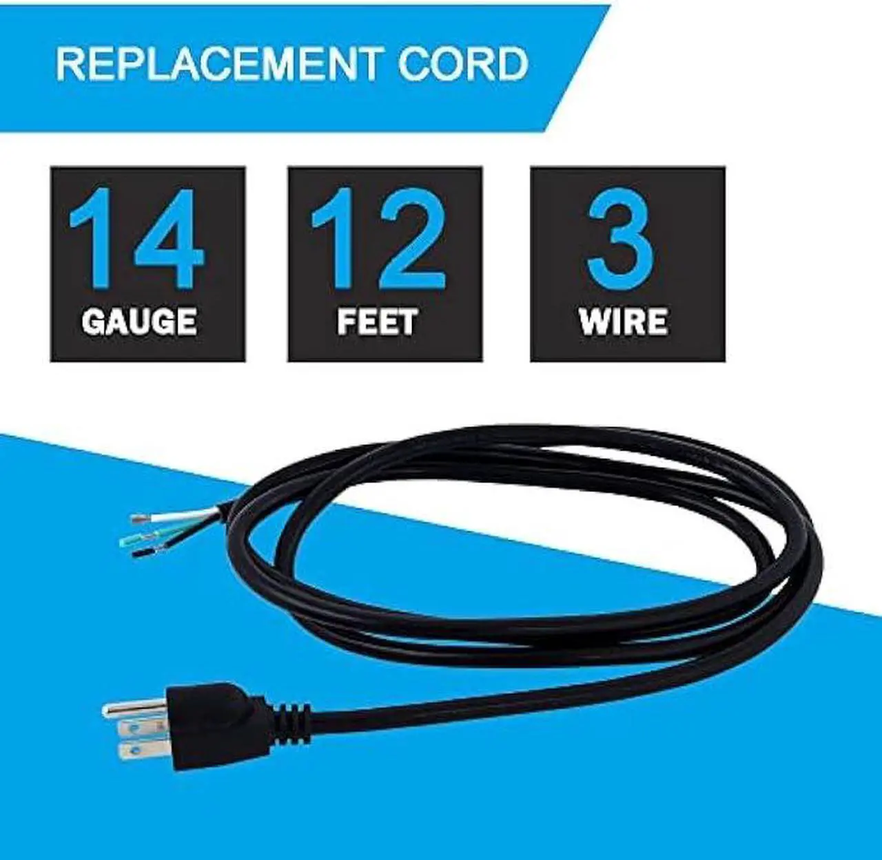 Alt view image 2 of 6 - 14 AWG 12 Feet AC Power Cord Pigtail 3-Wire Stripped End Heavy Duty 14 Gauge 3 Prong Open End SJT Power Supply AC Plug NEMA 5-15P, Replacement AC Wall Cable 15A, 1875W at 125VAC