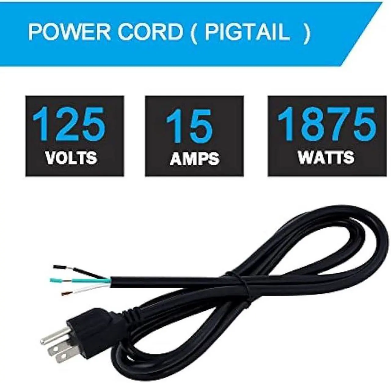 Alt view image 3 of 6 - 14 AWG 12 Feet AC Power Cord Pigtail 3-Wire Stripped End Heavy Duty 14 Gauge 3 Prong Open End SJT Power Supply AC Plug NEMA 5-15P, Replacement AC Wall Cable 15A, 1875W at 125VAC