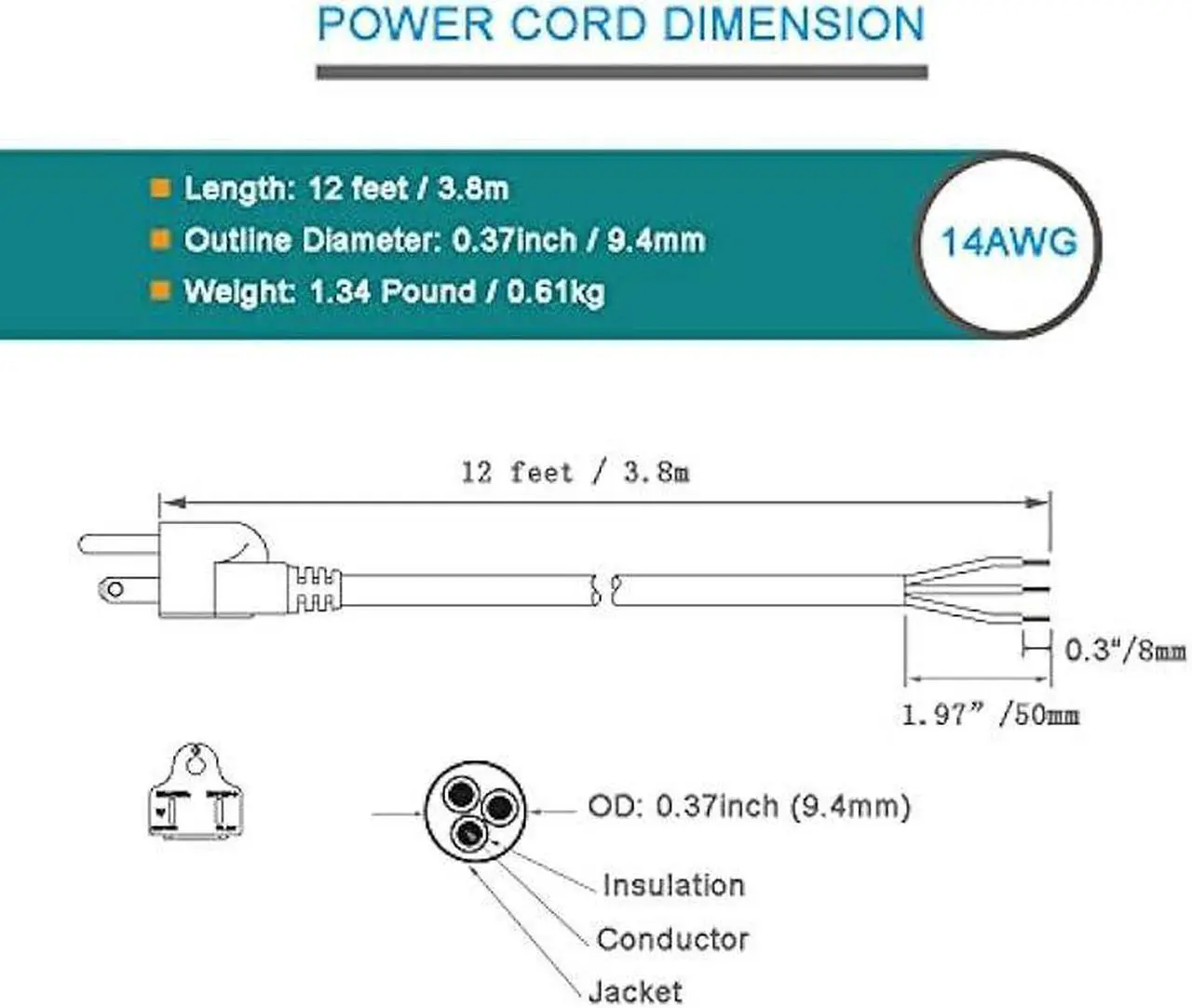 Alt view image 5 of 6 - 14 AWG 12 Feet AC Power Cord Pigtail 3-Wire Stripped End Heavy Duty 14 Gauge 3 Prong Open End SJT Power Supply AC Plug NEMA 5-15P, Replacement AC Wall Cable 15A, 1875W at 125VAC