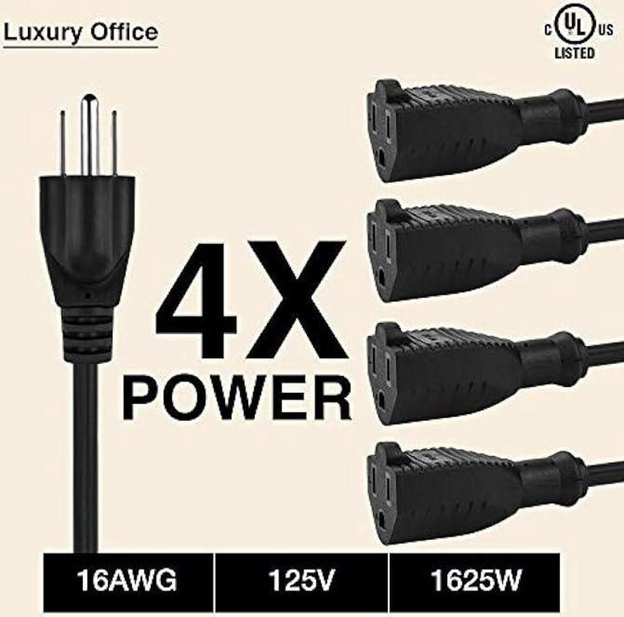 Alt view image 3 of 6 - 4 Way Power Splitter  1 to 4 Cable Strip - 6 Feet - 5 Pack - with 3 Pronged Outlet - Y Style Extension Cord  Black - SJT 16 AWG  by Luxury Office