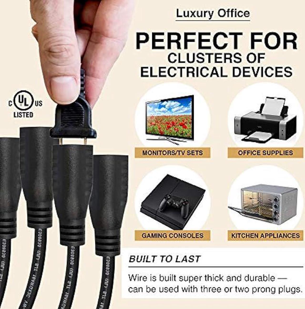 Alt view image 5 of 6 - 4 Way Power Splitter  1 to 4 Cable Strip - 6 Feet - 5 Pack - with 3 Pronged Outlet - Y Style Extension Cord  Black - SJT 16 AWG  by Luxury Office