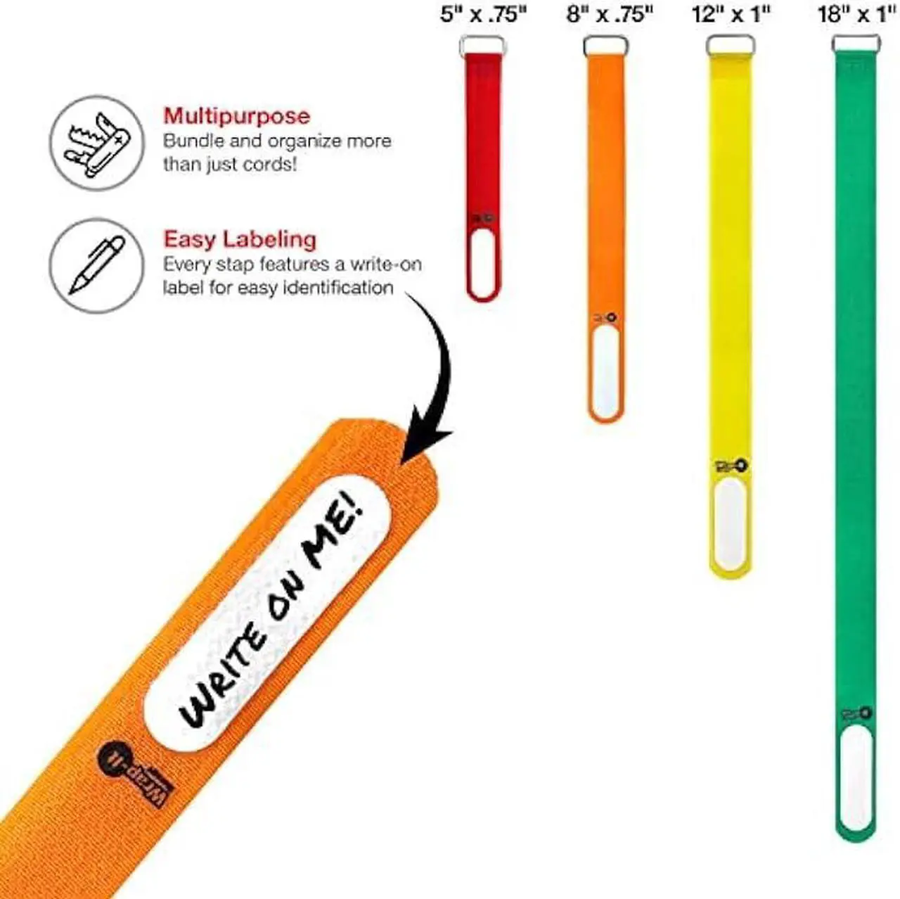 Alt view image 2 of 6 - Wrap-It Storage Cinch-Straps (Assorted 16 Pack) Hook and Loop Straps with Metal Buckles and Write on Labels for Easy Cord Identification, Waterproof, Reusable, Multi-Purpose, Adjustable