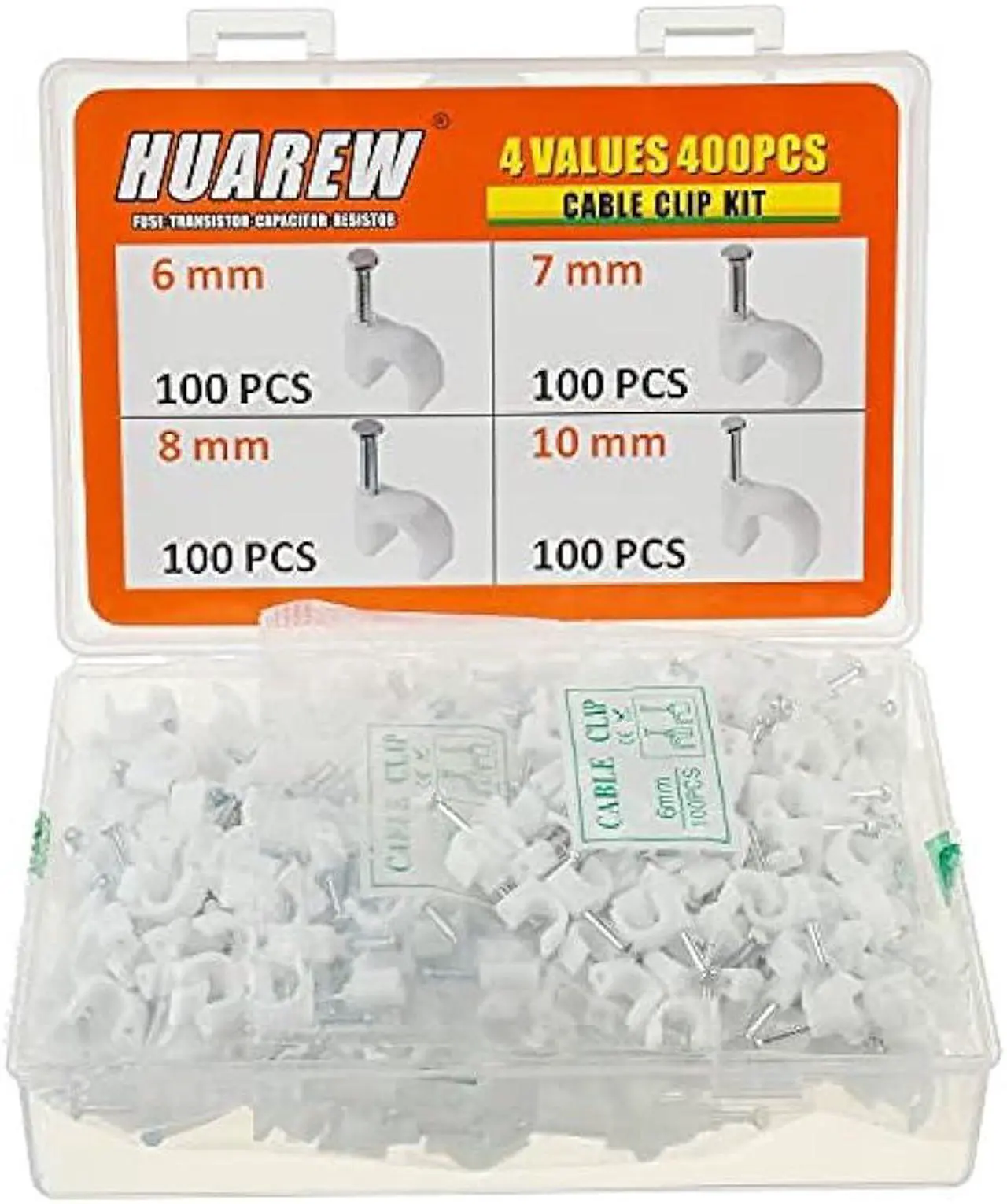Main image of HUAREW 4 Sizes 400 Pcs White Plastic Steel Nail Cable Clips Apply to RG6 RG59 CAT5 CAT6 Ethernet/TV Wire/Telephone/Led Starlight/Print Cable Round Management Cable Wire Clips 6/7/8/10 mm
