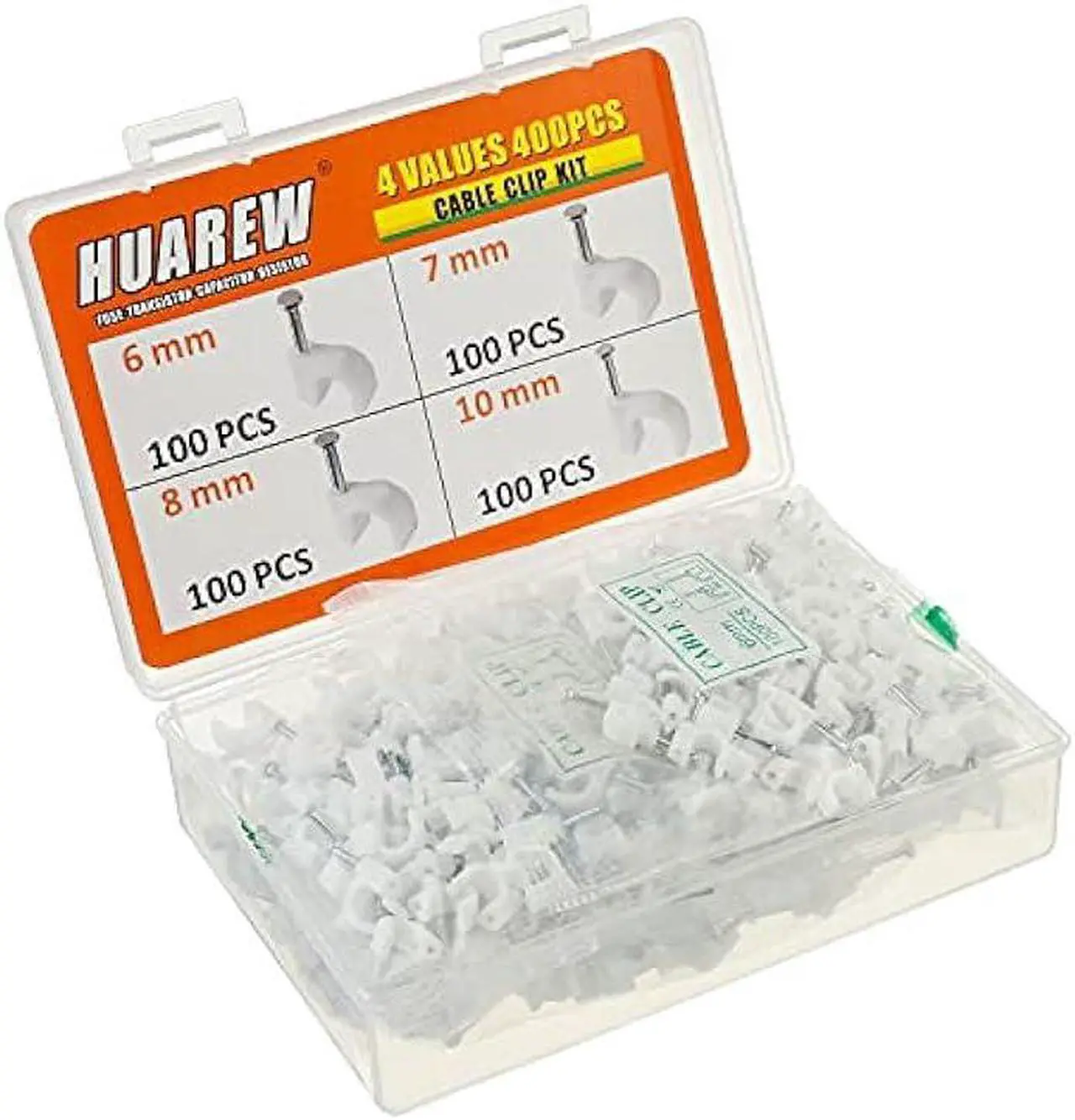 Alt view image 2 of 7 - HUAREW 4 Sizes 400 Pcs White Plastic Steel Nail Cable Clips Apply to RG6 RG59 CAT5 CAT6 Ethernet/TV Wire/Telephone/Led Starlight/Print Cable Round Management Cable Wire Clips 6/7/8/10 mm