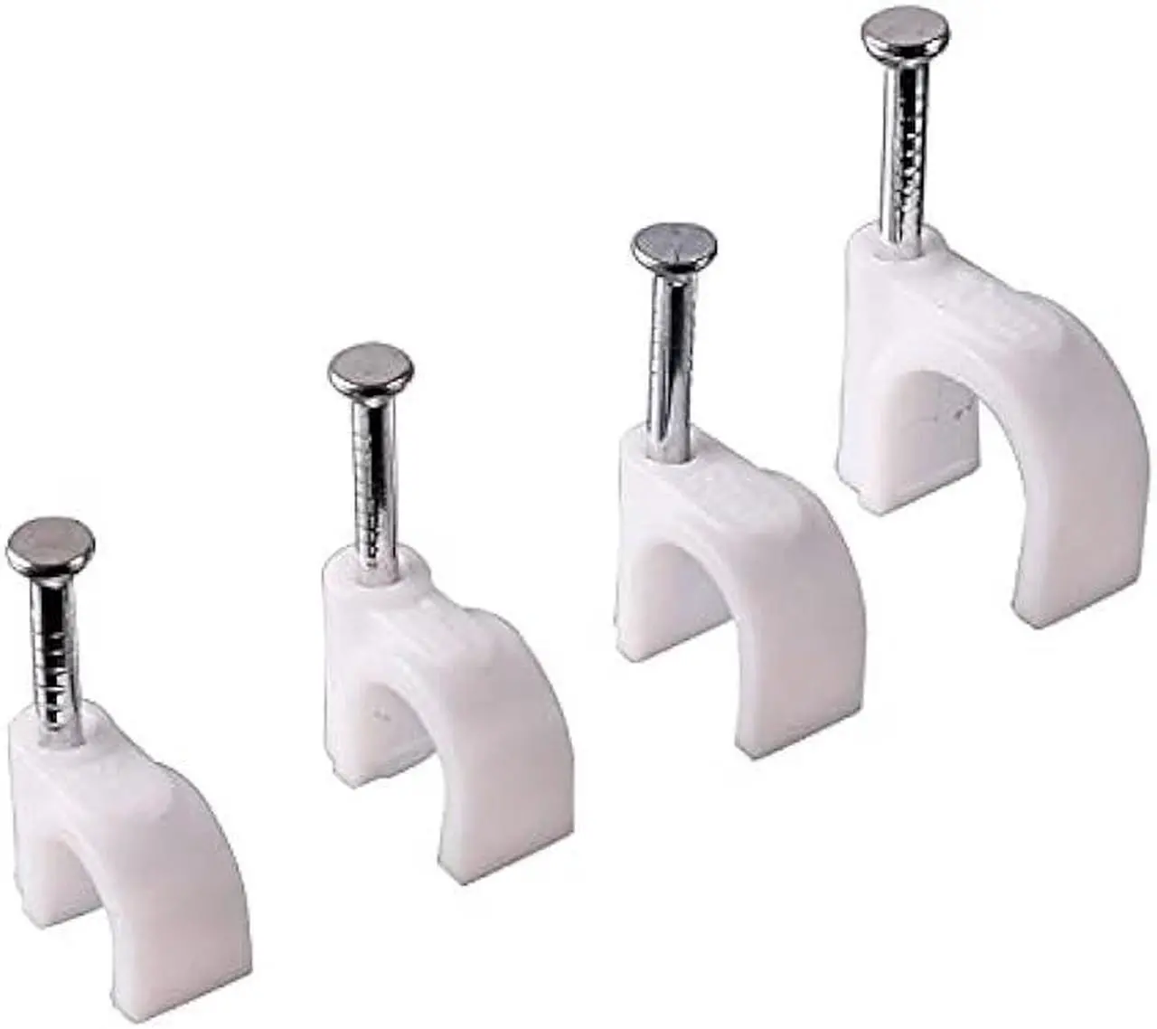 Alt view image 4 of 7 - HUAREW 4 Sizes 400 Pcs White Plastic Steel Nail Cable Clips Apply to RG6 RG59 CAT5 CAT6 Ethernet/TV Wire/Telephone/Led Starlight/Print Cable Round Management Cable Wire Clips 6/7/8/10 mm