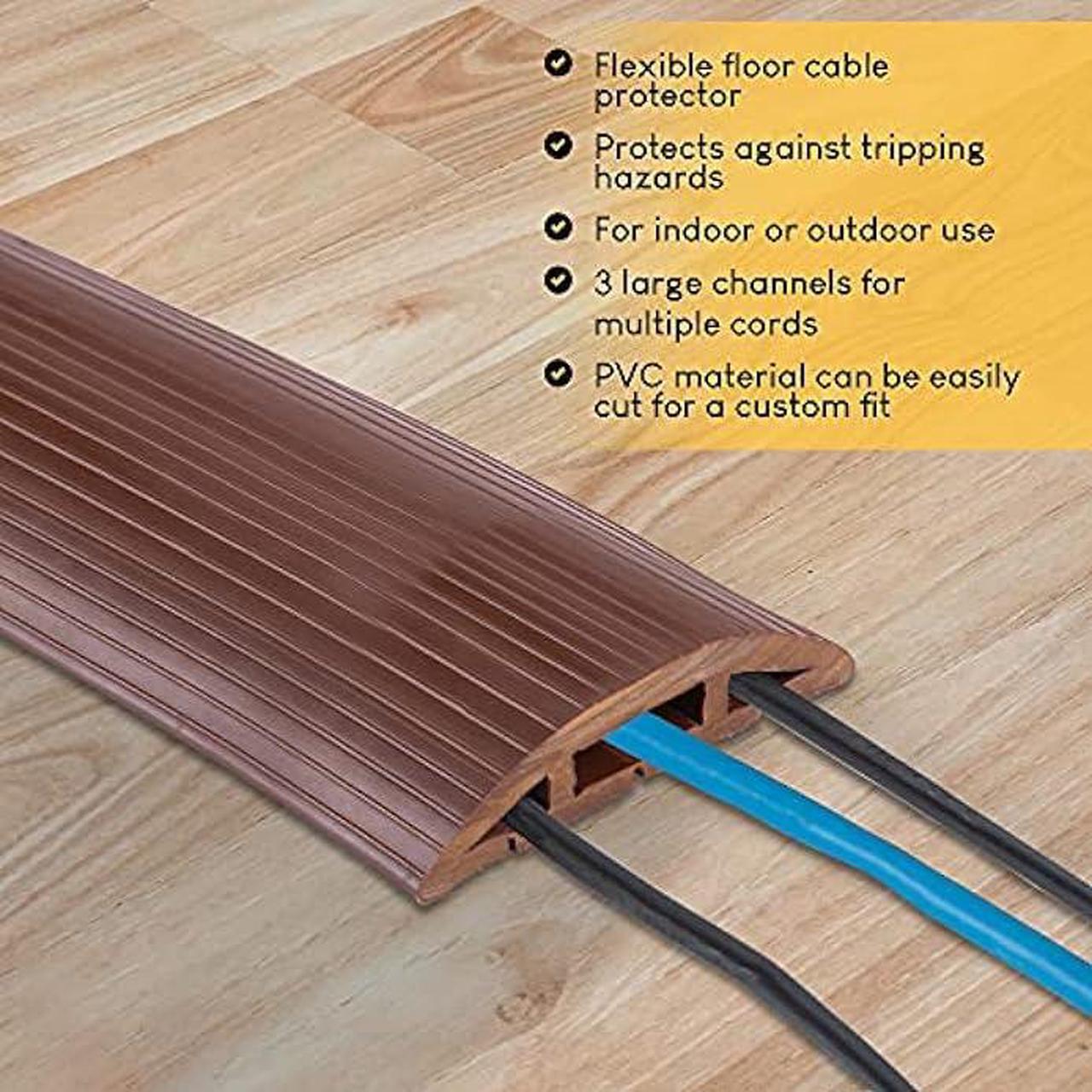Alt view image 4 of 7 - 4-Foot Cord Cover - Floor Cable Management Kit for Indoor or Outdoor Use - 3-Channel Cable Raceway for Sidewalks or Walkways by Simple Cord (Brown)