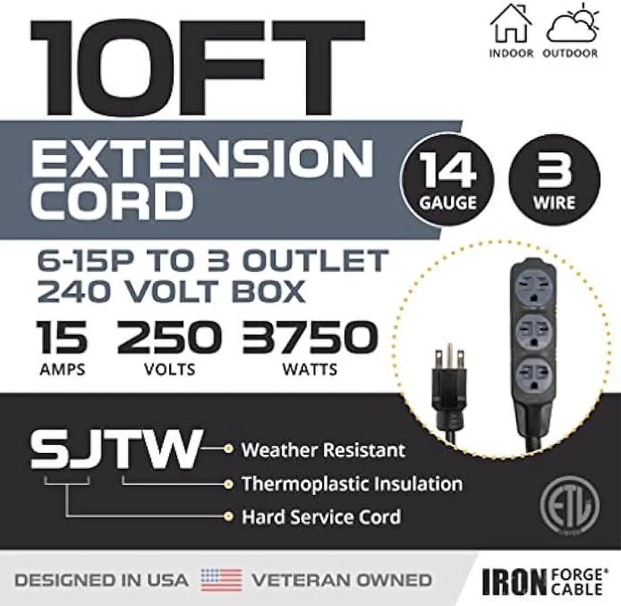 Alt view image 2 of 5 - Iron Forge Cable 220/240 Volt Extension Cord, 10 Ft - 14/3 SJTW 6-15P Male Plug to Three Box Outlets