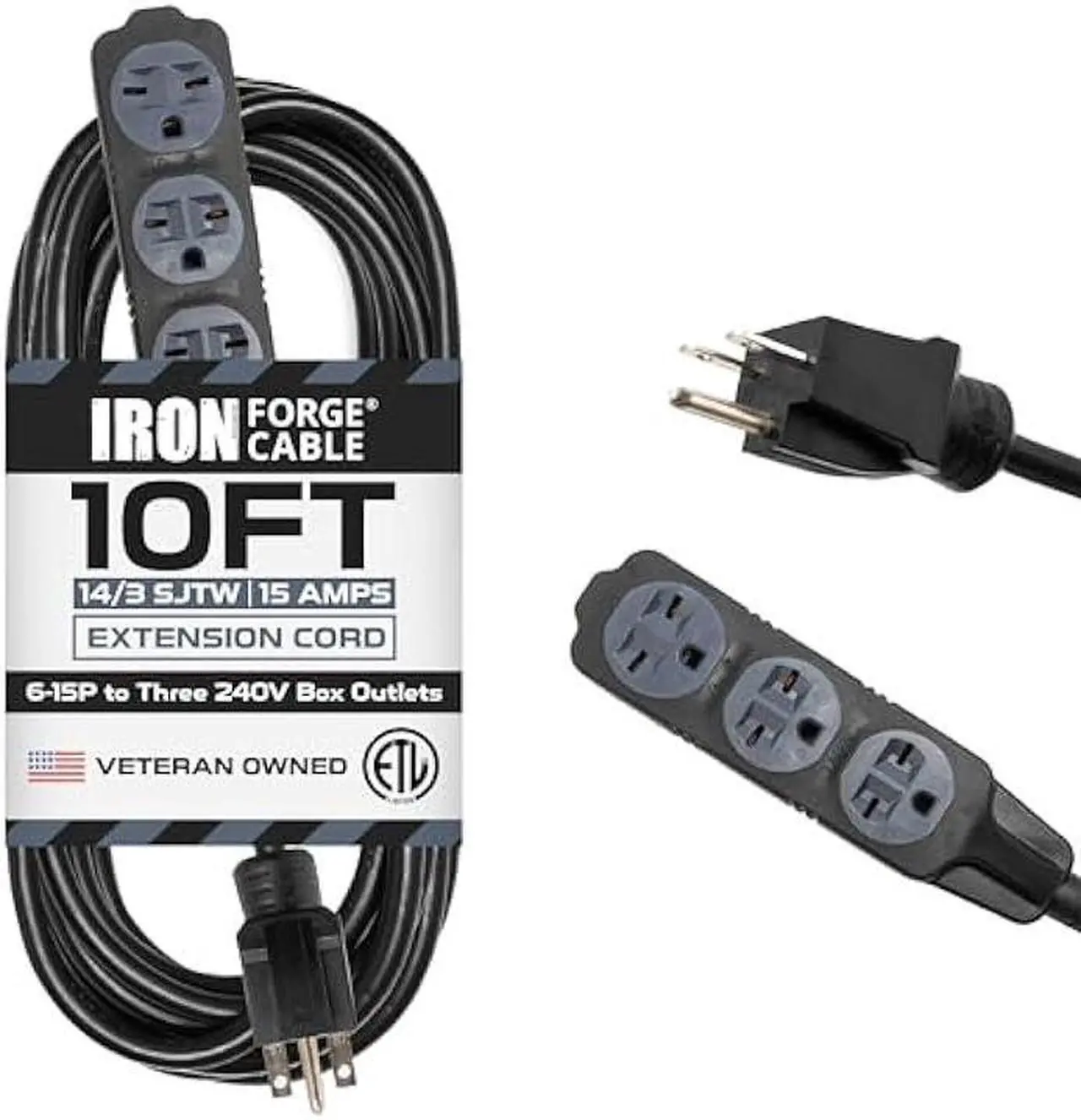 Main image of Iron Forge Cable 220/240 Volt Extension Cord, 10 Ft - 14/3 SJTW 6-15P Male Plug to Three Box Outlets