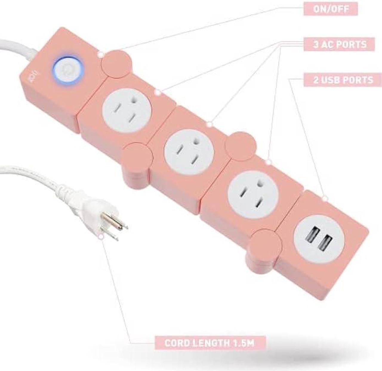 Alt view image 2 of 6 - iJoy Flexible Power Strip- 3 AC Outlets and 2 USB Charging Ports with 5 Ft Extension Cord- 1250W/125V Decorative Surge Protector Outlet Extender for Home Office, Dorm, Room and More (Pink)