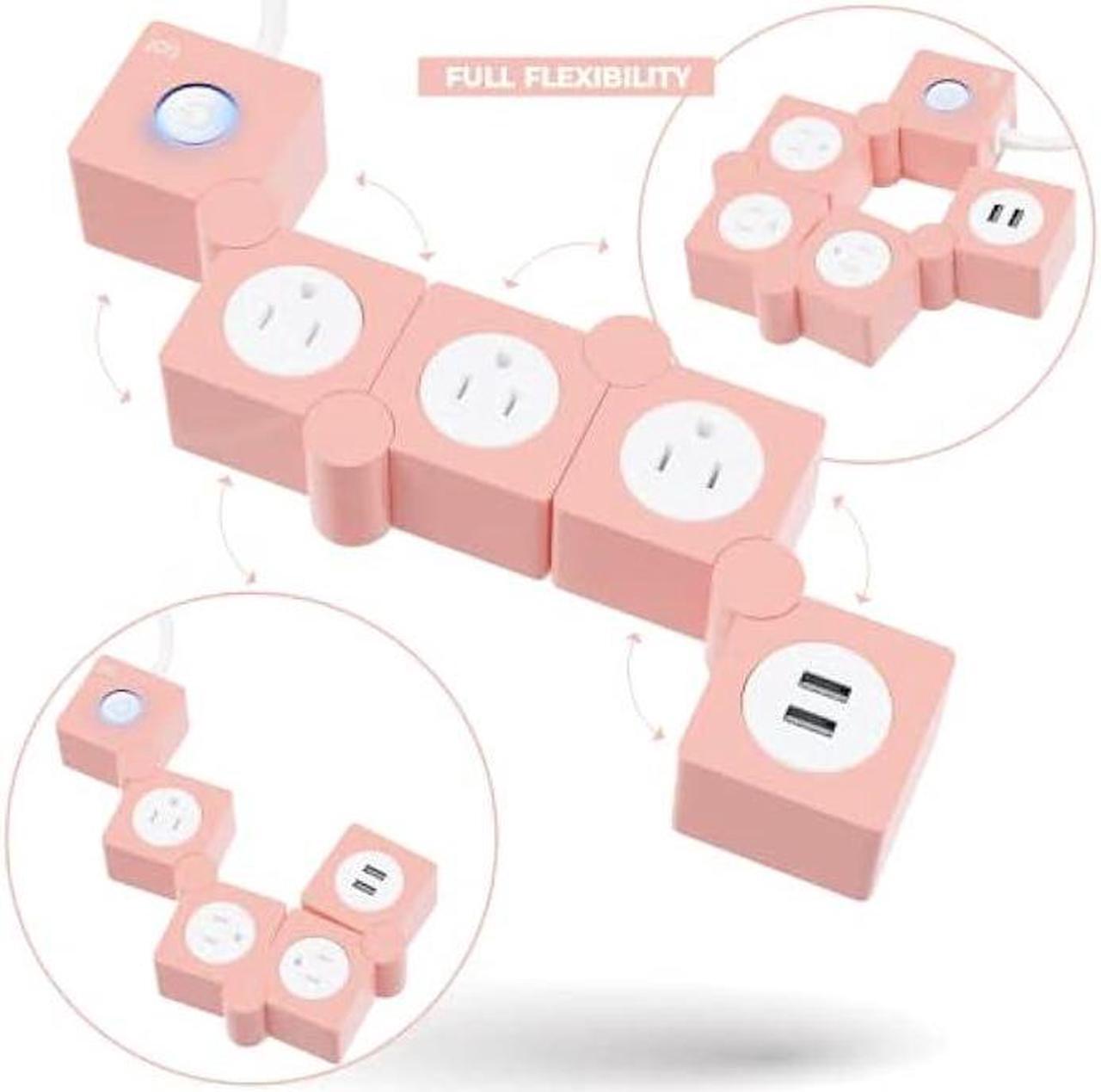 Alt view image 3 of 6 - iJoy Flexible Power Strip- 3 AC Outlets and 2 USB Charging Ports with 5 Ft Extension Cord- 1250W/125V Decorative Surge Protector Outlet Extender for Home Office, Dorm, Room and More (Pink)