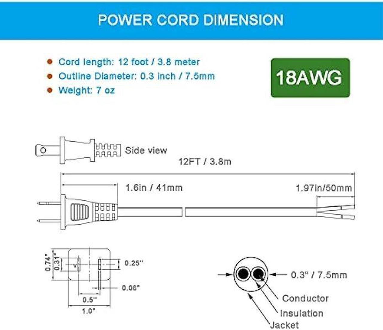 Alt view image 5 of 6 - 12FT Replacement Power Cord 18 Gauge Round Cable Polarized 2 Prong Plug Pigtail 18 AWG 120V AC Power Supply Cord SJT 2/C Wire Stripped Off 10A 1250watt Black Plug Cords Open End