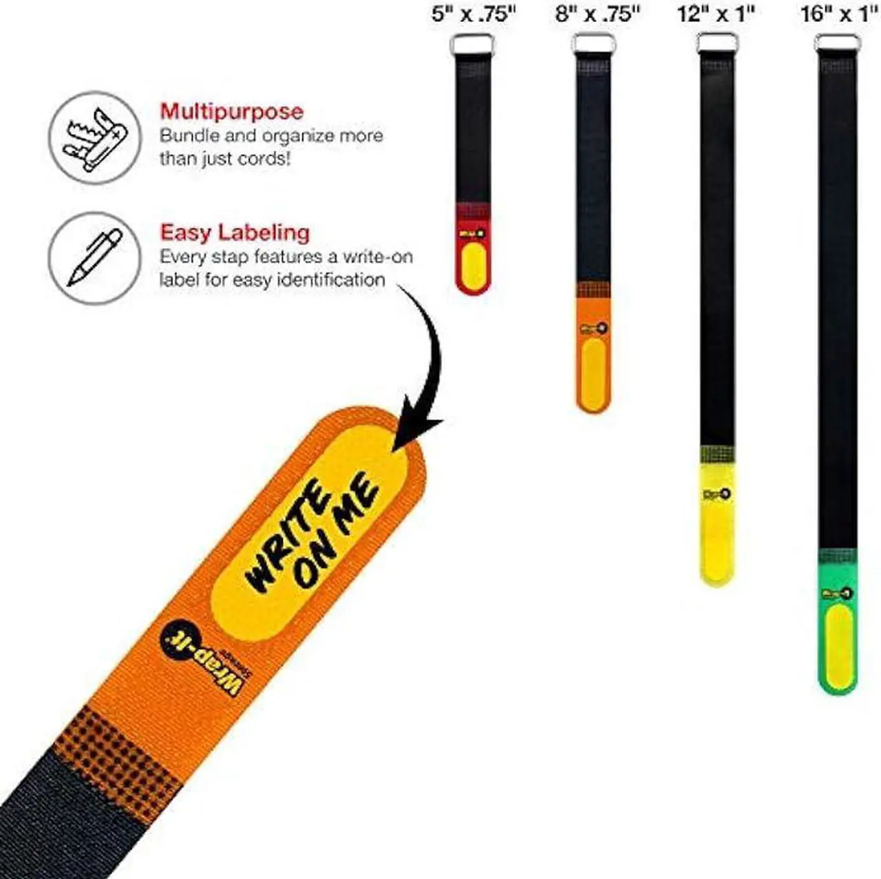 Alt view image 3 of 6 - Wrap-It Storage Hook and Loop Cinch-Straps (Assorted 16 Pack) with Write on Label for Easy Cord Identification and Cable Management, Reusable Multi-Purpose Securing Cinch Straps