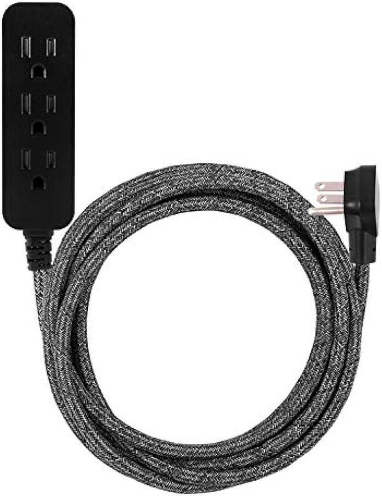 Main image of Cordinate, Black Designer 3-Outlet Extension, Braided Décor Fabric Cord, 15 ft, Low-Profile Plug, Dark Heather, 50012