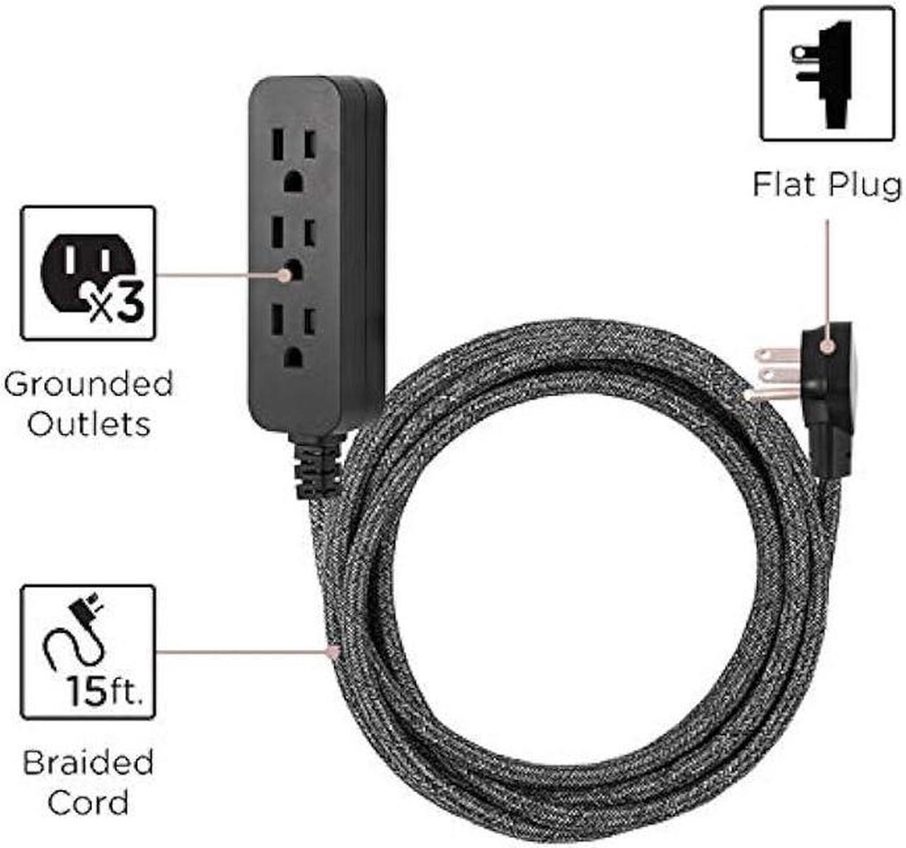 Alt view image 2 of 7 - Cordinate, Black Designer 3-Outlet Extension, Braided Décor Fabric Cord, 15 ft, Low-Profile Plug, Dark Heather, 50012