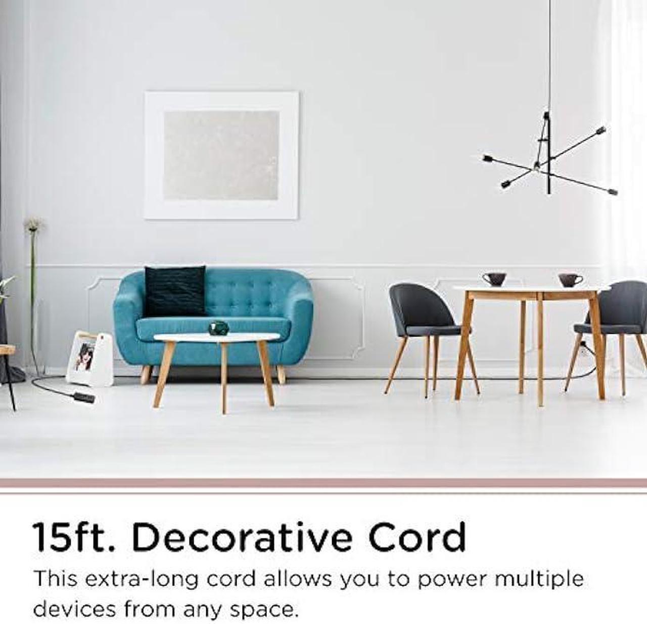 Alt view image 3 of 7 - Cordinate, Black Designer 3-Outlet Extension, Braided Décor Fabric Cord, 15 ft, Low-Profile Plug, Dark Heather, 50012