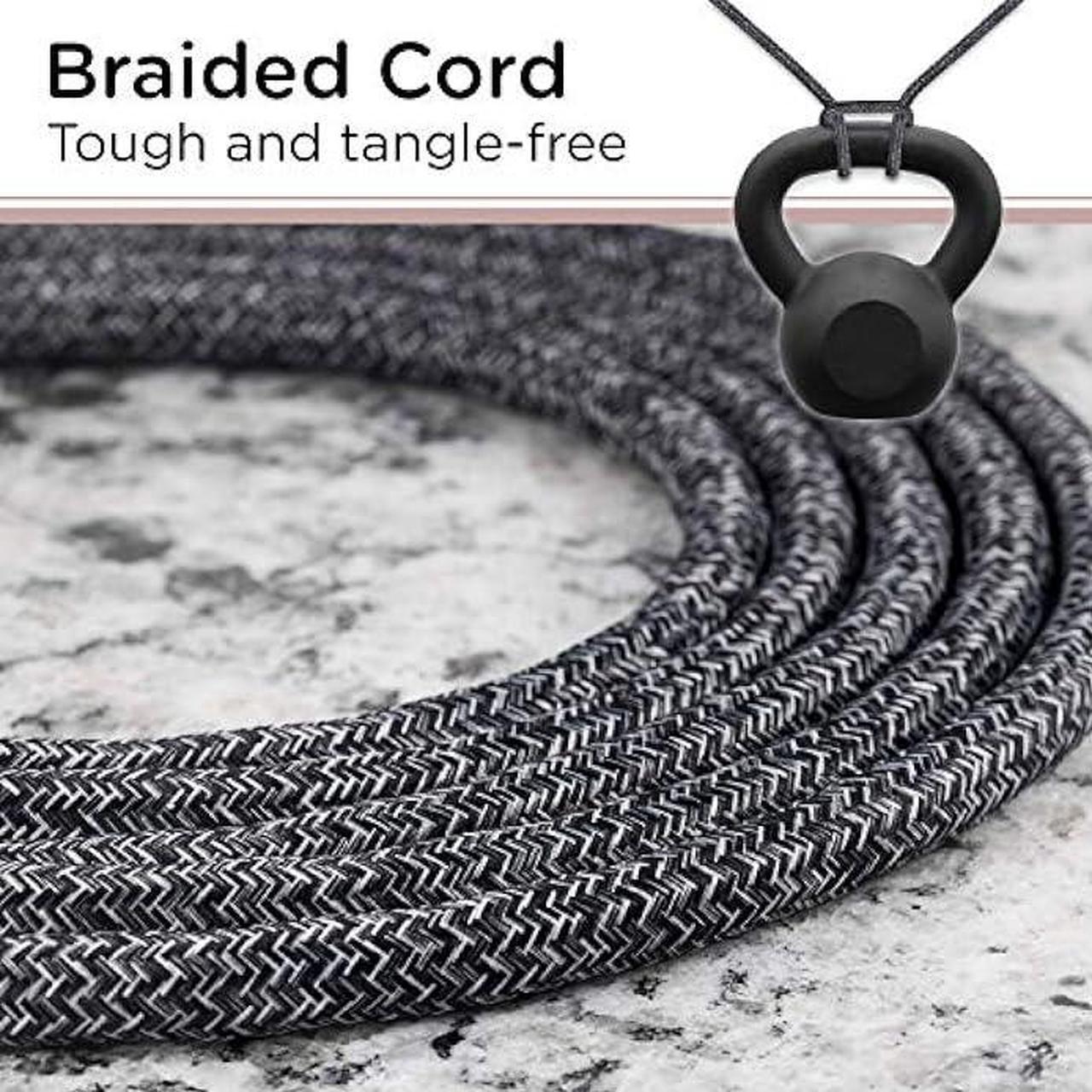 Alt view image 5 of 7 - Cordinate, Black Designer 3-Outlet Extension, Braided Décor Fabric Cord, 15 ft, Low-Profile Plug, Dark Heather, 50012