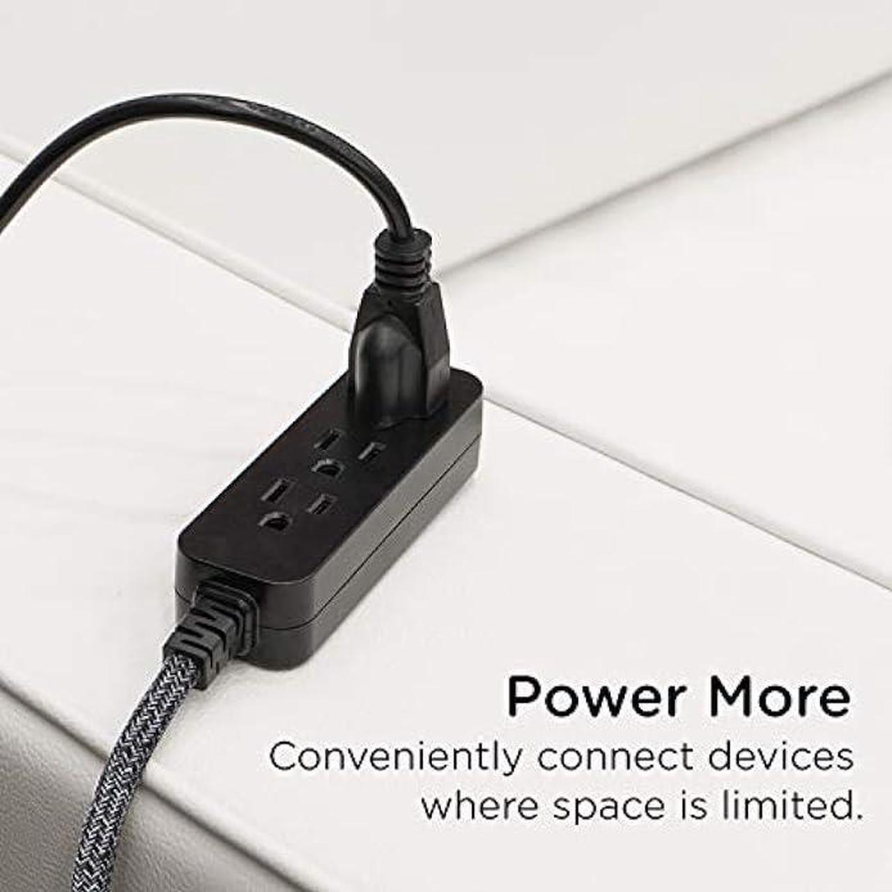 Alt view image 6 of 7 - Cordinate, Black Designer 3-Outlet Extension, Braided Décor Fabric Cord, 15 ft, Low-Profile Plug, Dark Heather, 50012