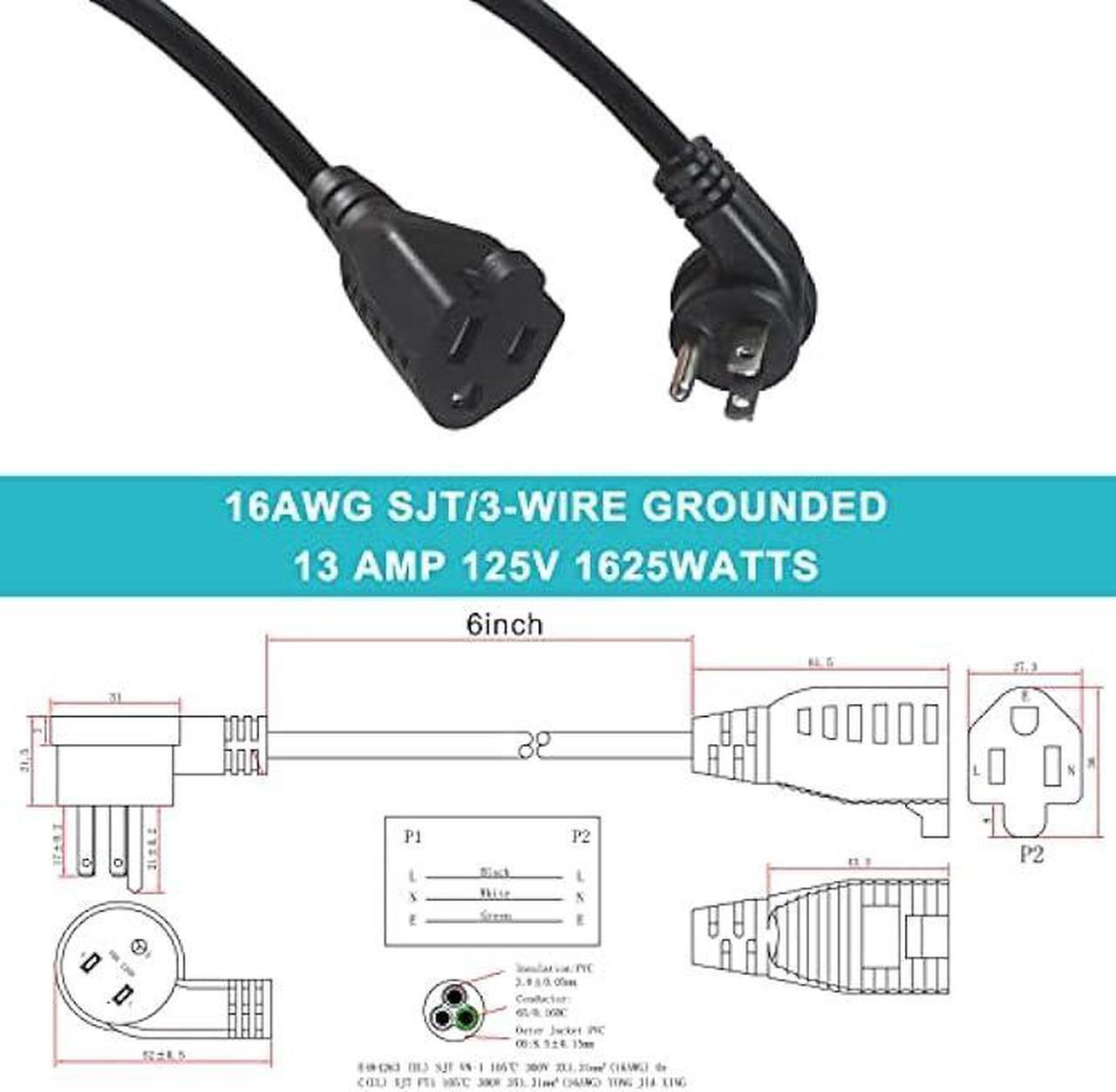 Alt view image 2 of 7 - [5 Pack] Flat Plug Short Power Extension Cord - 6inch Black Low Profile Flat Head 3 Prong Grounded Indoor Extension Cord,16AWG 13amp Household Appliance Electrical Extension Cord with Flat Wall Plug
