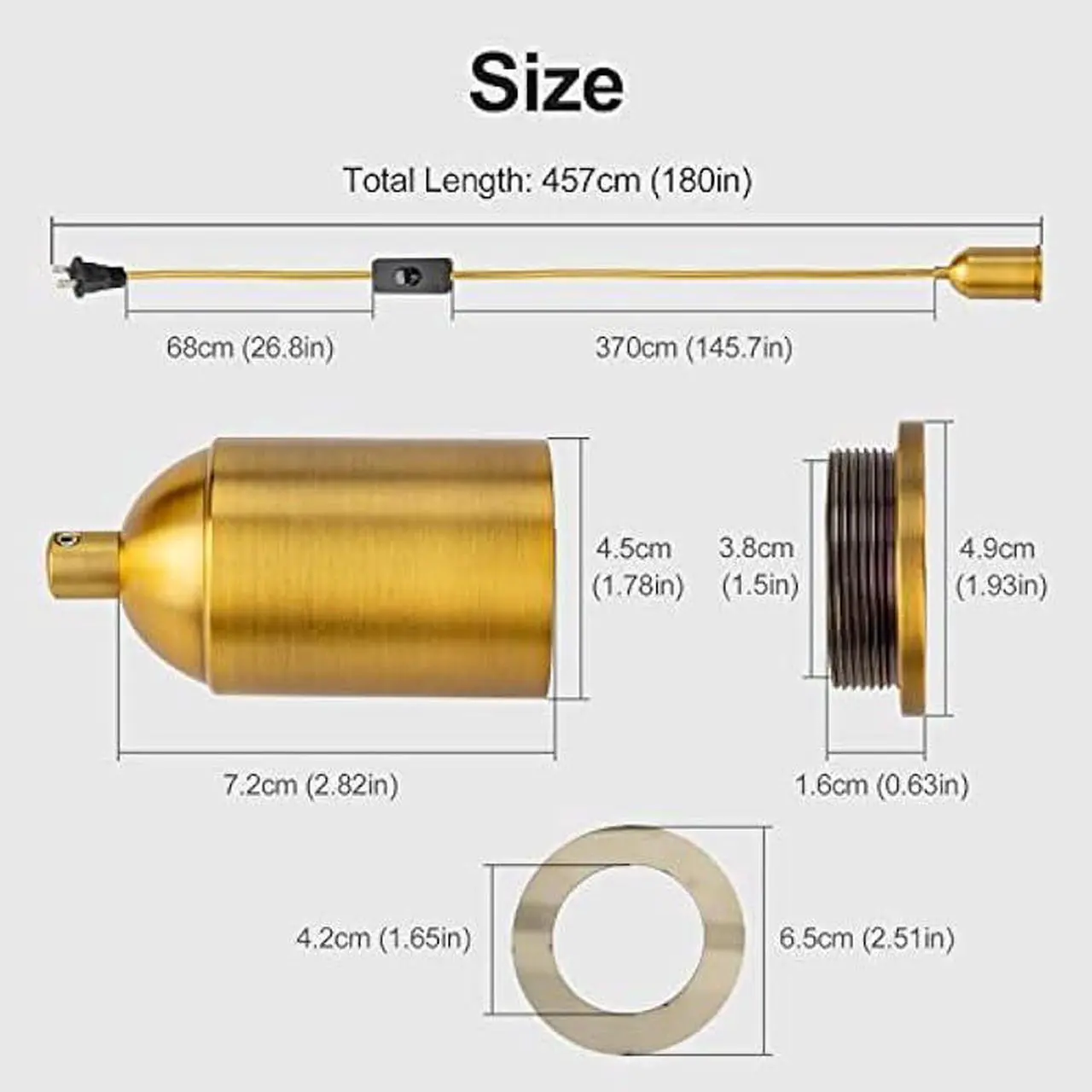 Alt view image 2 of 6 - Hanging Lights with Plug in Pendant Cord Switch Golden Light Bulb Socket with Cord Industrial Extension Rope DIY lamp Replacement Pendant Light kit Lantern Cord Porcelain Fixture Fabric Cable 15ft