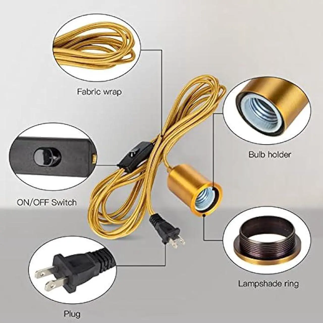 Alt view image 3 of 6 - Hanging Lights with Plug in Pendant Cord Switch Golden Light Bulb Socket with Cord Industrial Extension Rope DIY lamp Replacement Pendant Light kit Lantern Cord Porcelain Fixture Fabric Cable 15ft