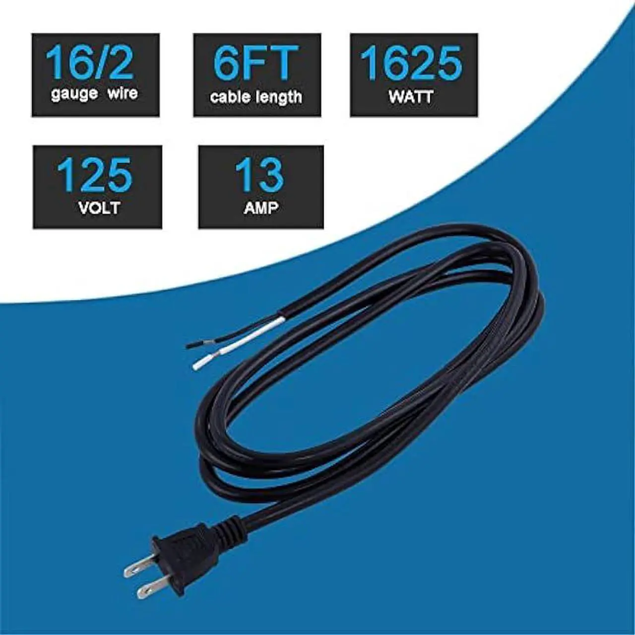 Alt view image 2 of 6 - 16AWG Power Cord Replacement 2 Prong Pigtail 2 Wire 16 Gauge Polarized Plug Extension Cord 13A 125V 1625W AC Power Supply Cords SJT 6FT Open End Repaire Cord Black for Saw Power Drill Angle Grinder