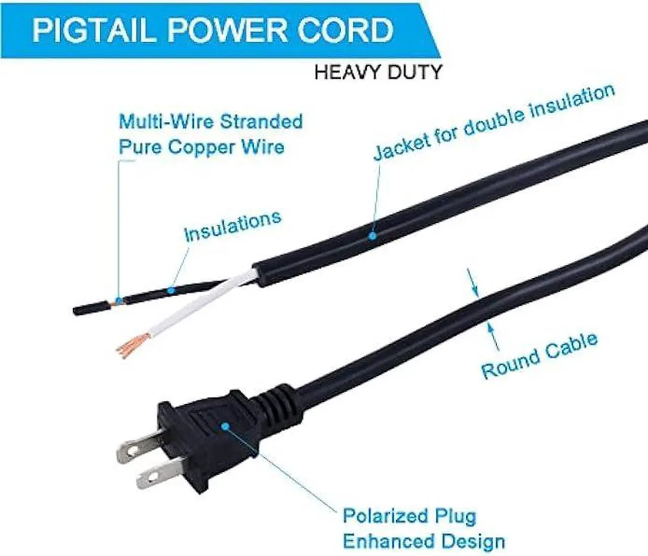 Alt view image 4 of 6 - 16AWG Power Cord Replacement 2 Prong Pigtail 2 Wire 16 Gauge Polarized Plug Extension Cord 13A 125V 1625W AC Power Supply Cords SJT 6FT Open End Repaire Cord Black for Saw Power Drill Angle Grinder