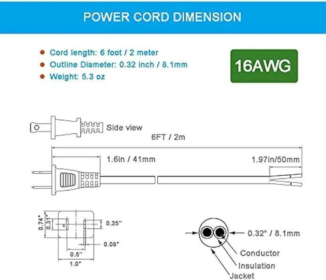 Alt view image 5 of 6 - 16AWG Power Cord Replacement 2 Prong Pigtail 2 Wire 16 Gauge Polarized Plug Extension Cord 13A 125V 1625W AC Power Supply Cords SJT 6FT Open End Repaire Cord Black for Saw Power Drill Angle Grinder