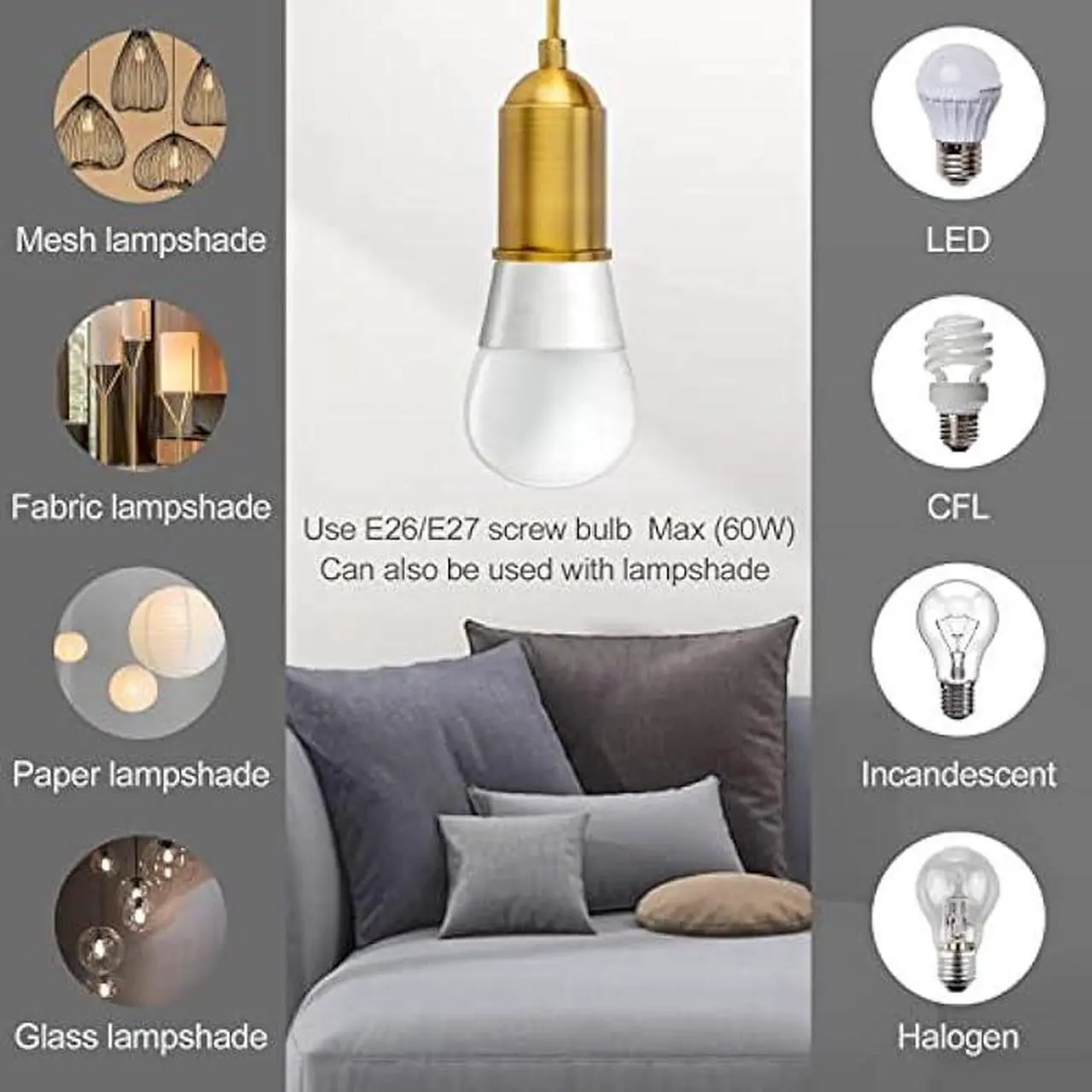 Alt view image 6 of 6 - Hanging Lights with Plug in Pendant Cord Switch Golden Light Bulb Socket with Cord Industrial Extension Rope DIY lamp Replacement Pendant Light kit Lantern Cord Porcelain Fixture Fabric Cable 15ft