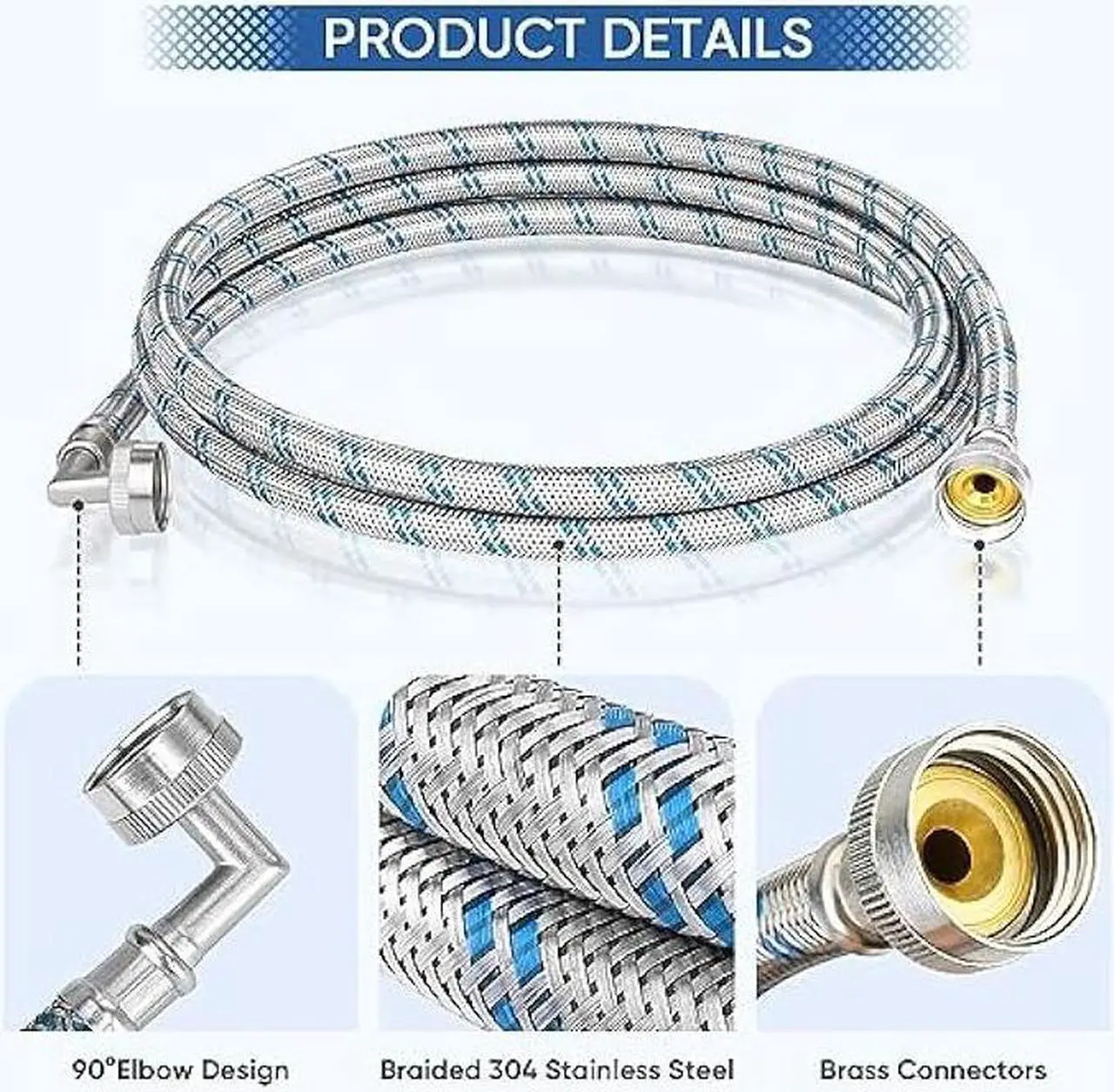 Alt view image 2 of 7 - TICONN 2 Pack Washing Machine Hoses Set, EPDM Core Braided Stainless Steel Burst-Proof Washer Hoses with 90 Degree Elbow, 3/4 FHT Standard Thread (4ft)
