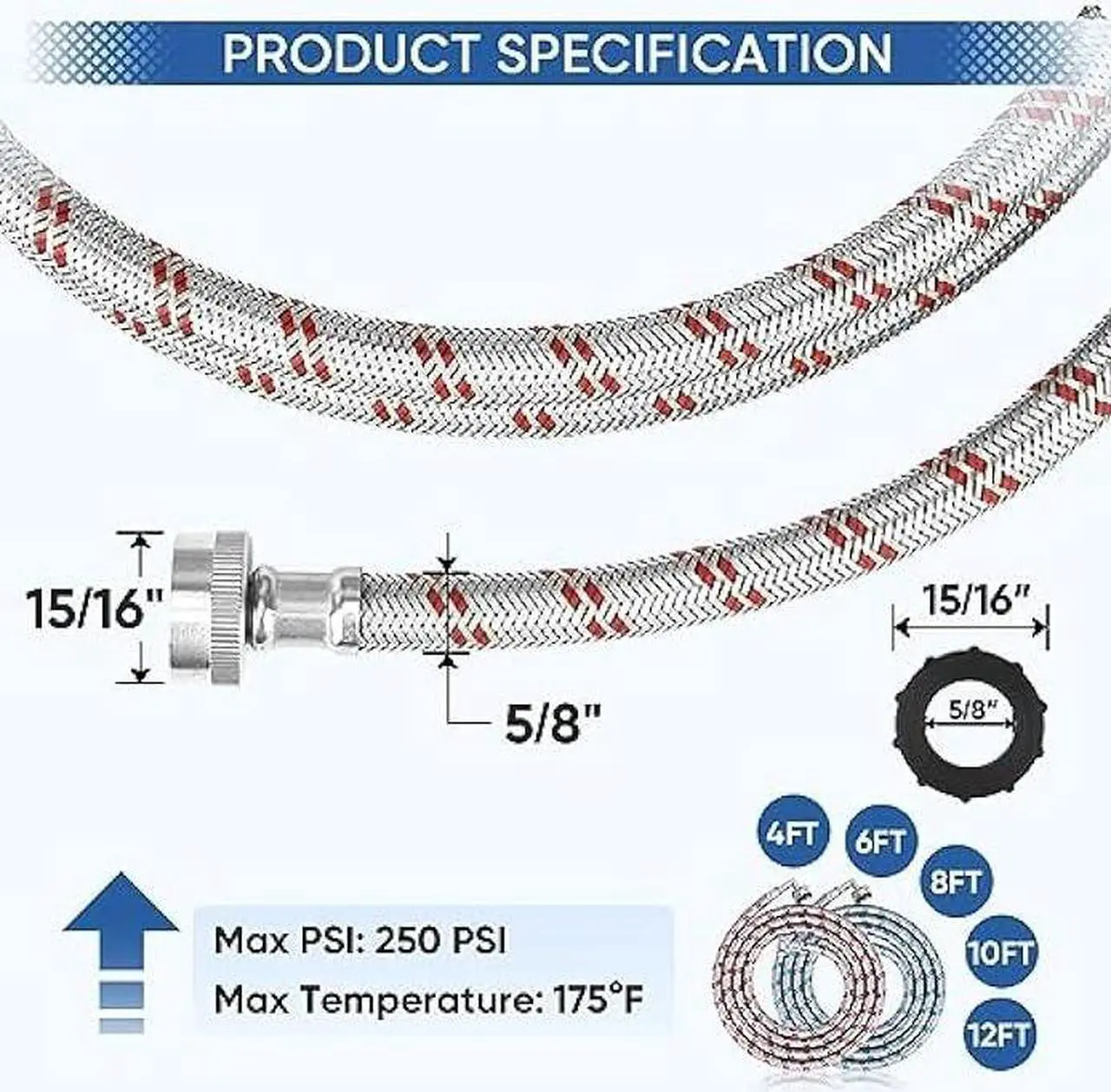 Alt view image 4 of 7 - TICONN 2 Pack Washing Machine Hoses Set, EPDM Core Braided Stainless Steel Burst-Proof Washer Hoses with 90 Degree Elbow, 3/4 FHT Standard Thread (4ft)