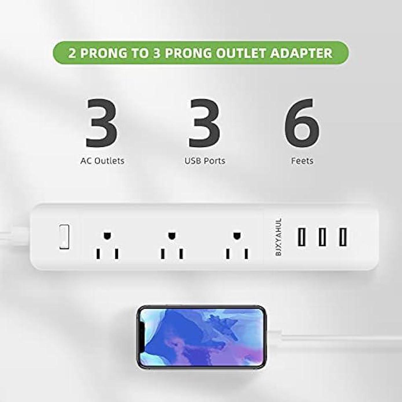 Alt view image 3 of 6 - 2 Prong to 3 Prong Power Strip, Two Prong Surge Protector with 6FT Long Cord, 3 AC Outlets 2 Prong to 3 Prong Extension Cord with 3 USB Ports(5V 3.1A) for Non-Grounded Outlets for Home/Office, White