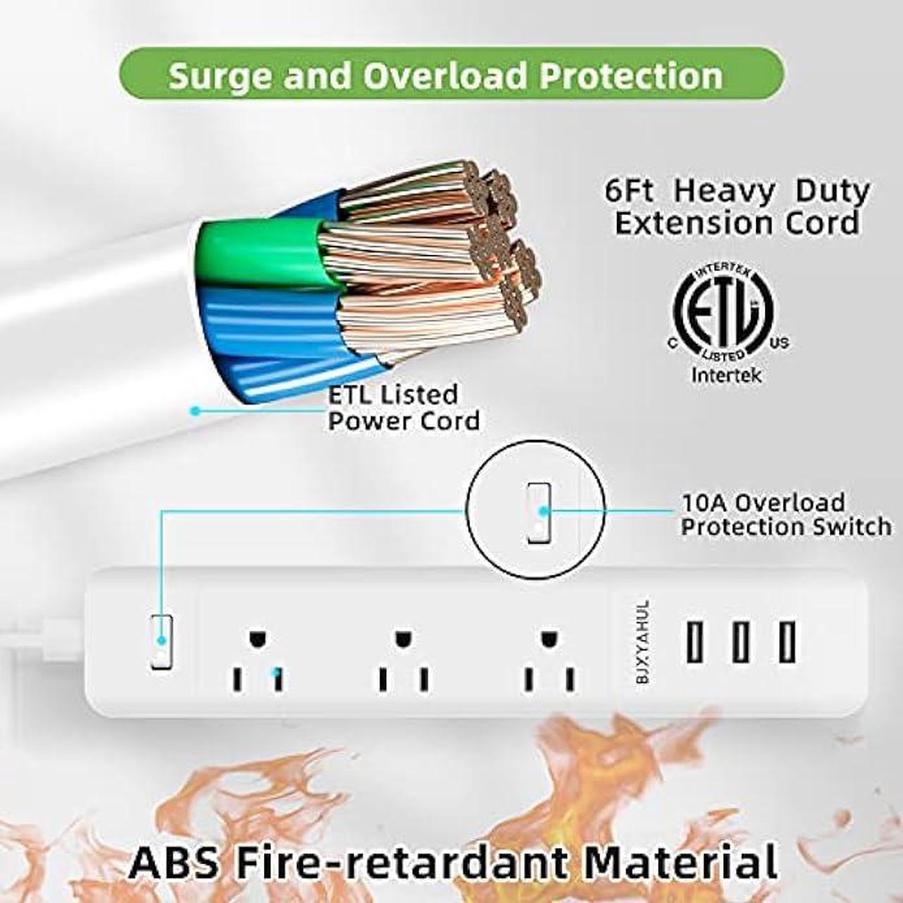 Alt view image 4 of 6 - 2 Prong to 3 Prong Power Strip, Two Prong Surge Protector with 6FT Long Cord, 3 AC Outlets 2 Prong to 3 Prong Extension Cord with 3 USB Ports(5V 3.1A) for Non-Grounded Outlets for Home/Office, White