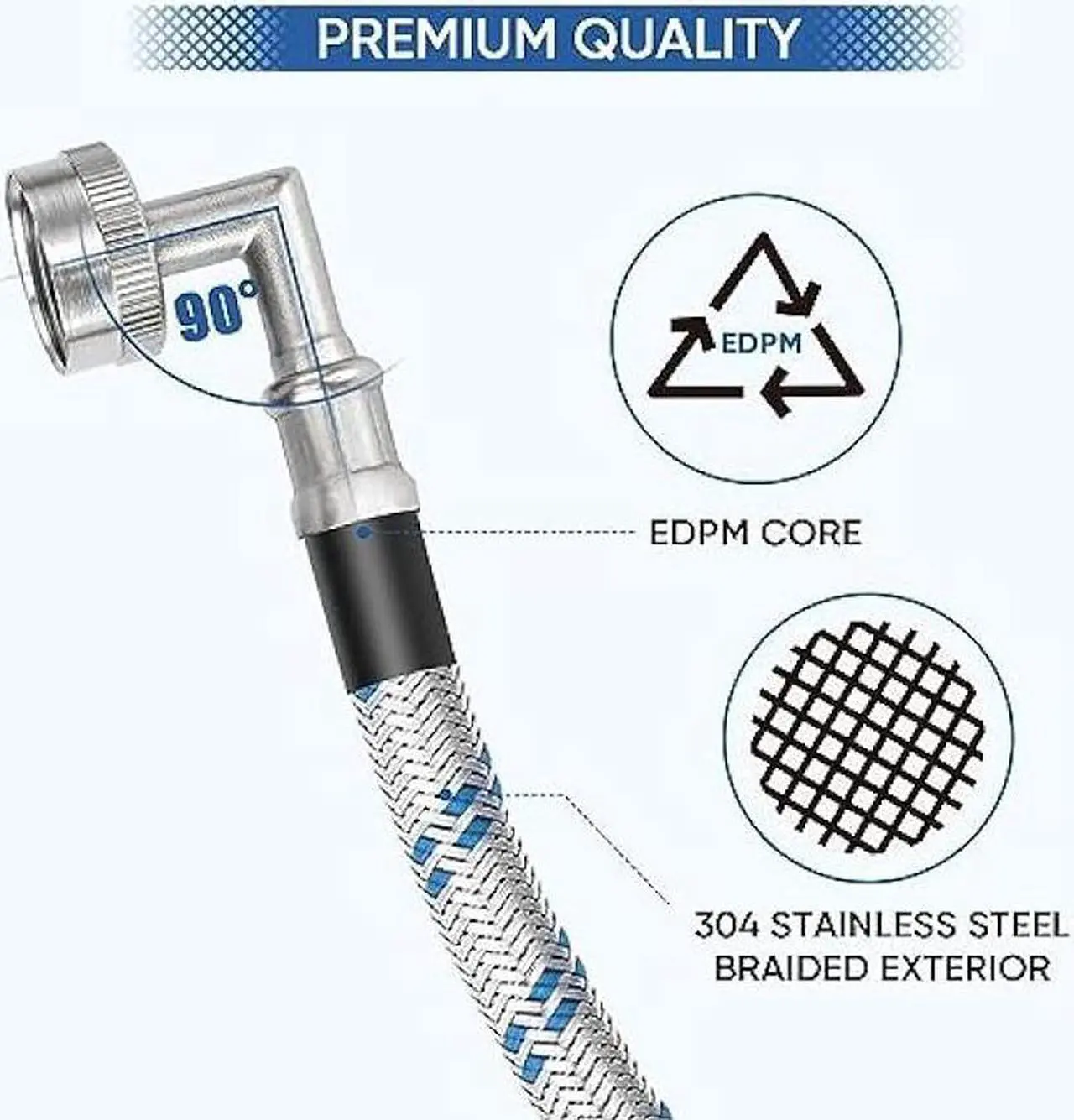 Alt view image 5 of 7 - TICONN 2 Pack Washing Machine Hoses Set, EPDM Core Braided Stainless Steel Burst-Proof Washer Hoses with 90 Degree Elbow, 3/4 FHT Standard Thread (4ft)
