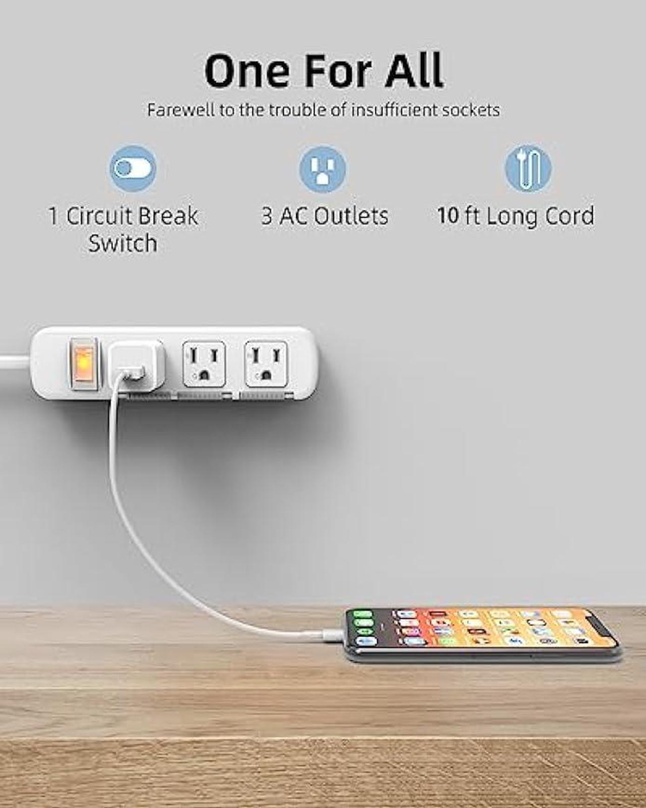 Alt view image 2 of 6 - 3 Outlets Power Strip Surge Protector Flat Plug, Extension Cord 10 ft 3 Prong, 300J, 10A/1250W, Overload Protection Switch, Plug Strip for Home Office, Child Safety Slide Outlet Covers, SGS Approved
