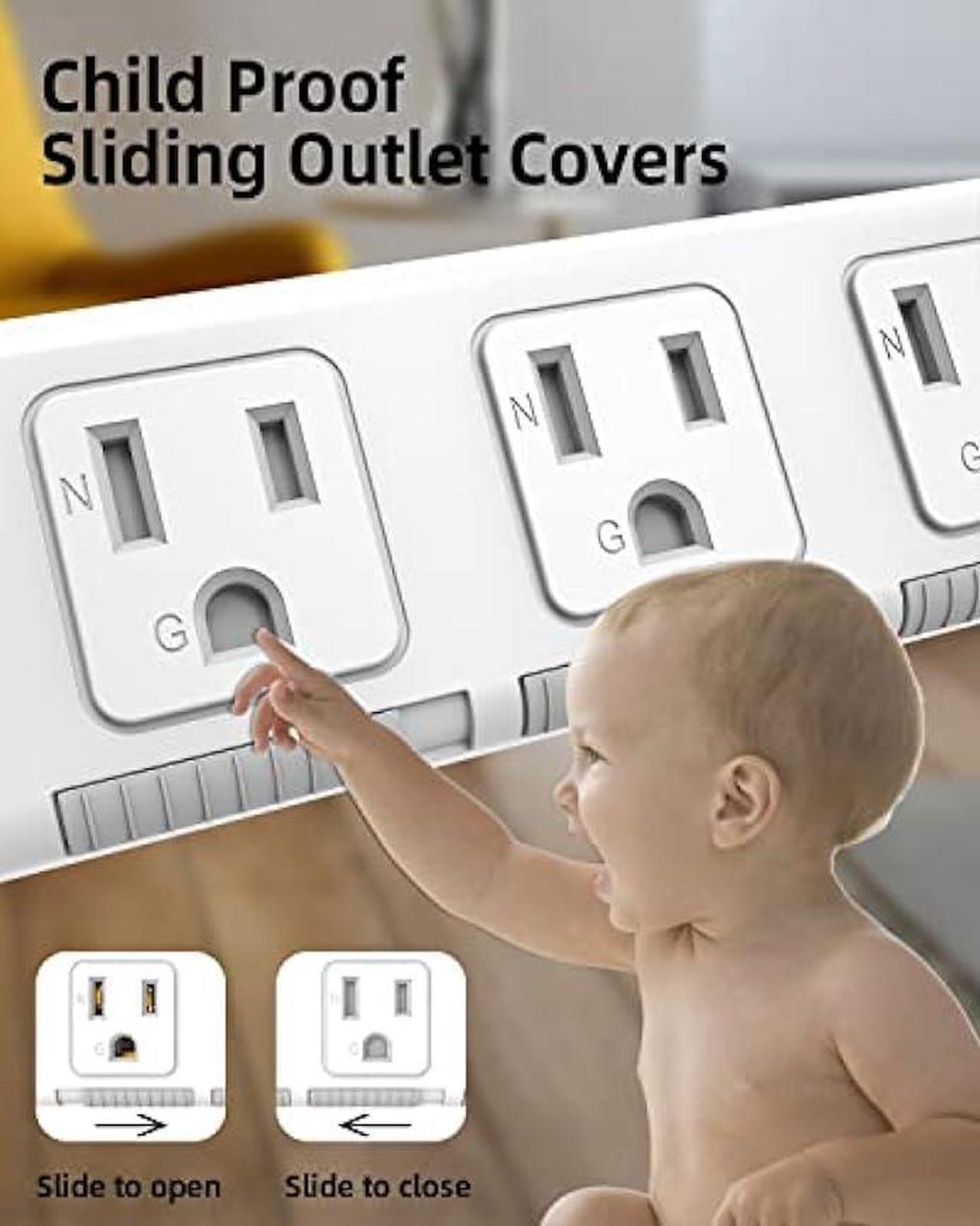 Alt view image 3 of 6 - 3 Outlets Power Strip Surge Protector Flat Plug, Extension Cord 10 ft 3 Prong, 300J, 10A/1250W, Overload Protection Switch, Plug Strip for Home Office, Child Safety Slide Outlet Covers, SGS Approved
